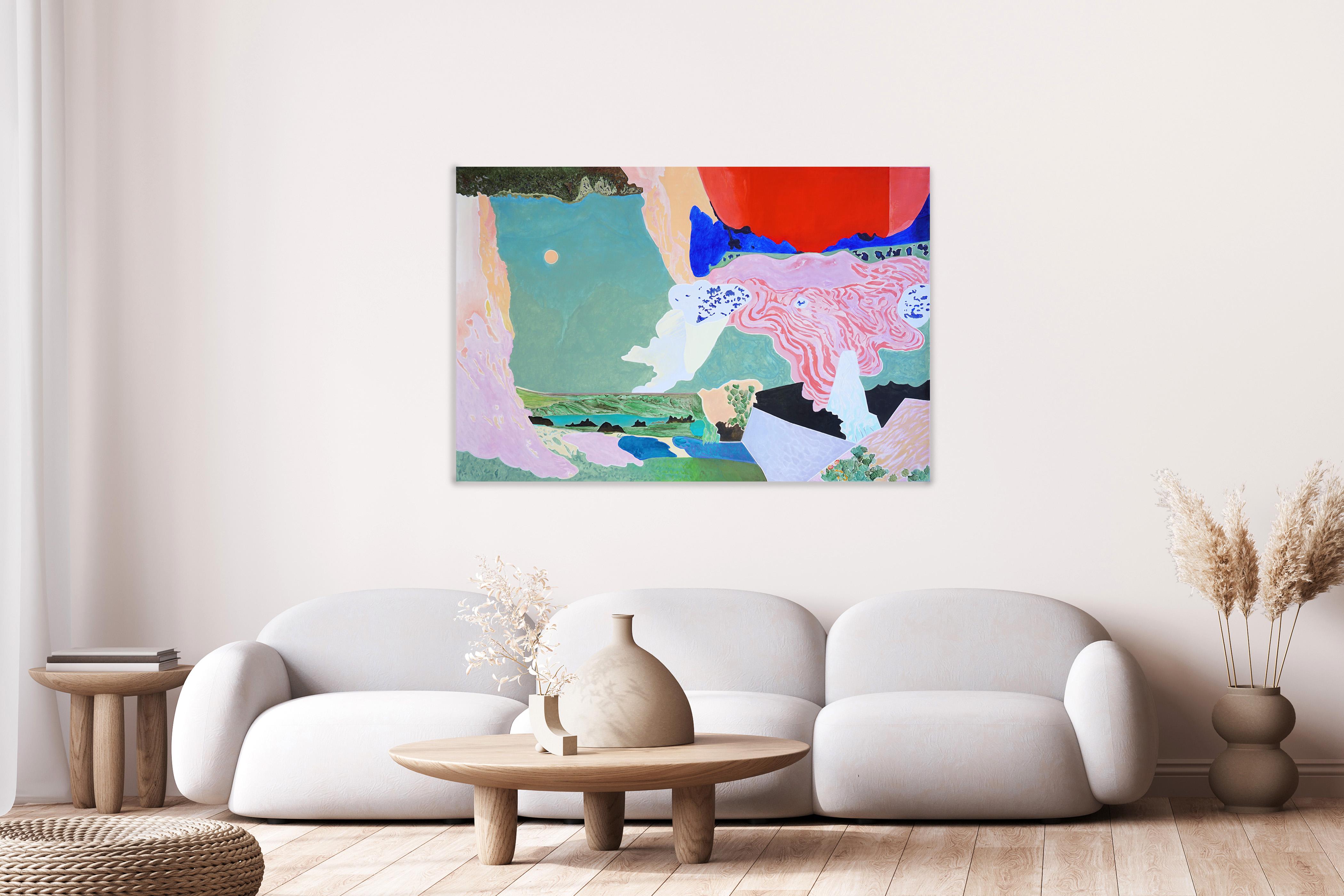 Las Cascadas de la Garrotxa, Paisaje Surrealista, Tonos Vivos, Acrílico sobre Lienzo - Landscape Painting Gris de Alexandra Czierpka