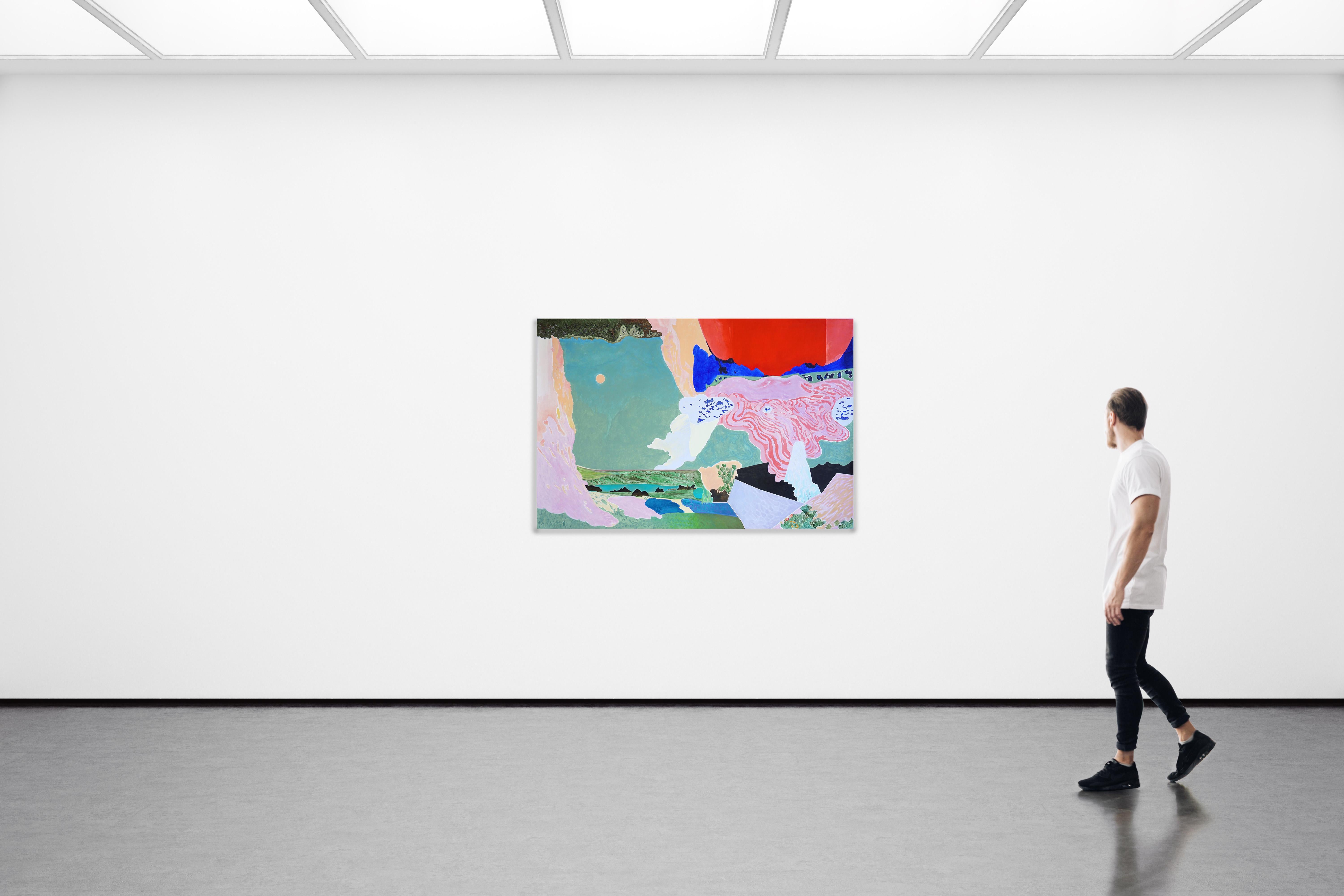 Éste es un hermoso cuadro de paisaje pintado por Alexandra Czierpka. Al reducir el color y la forma a lo esencial, invita al observador a contemplar la armonía entre el ser humano y la naturaleza. Texturas suaves, líneas duras y formas fluidas se