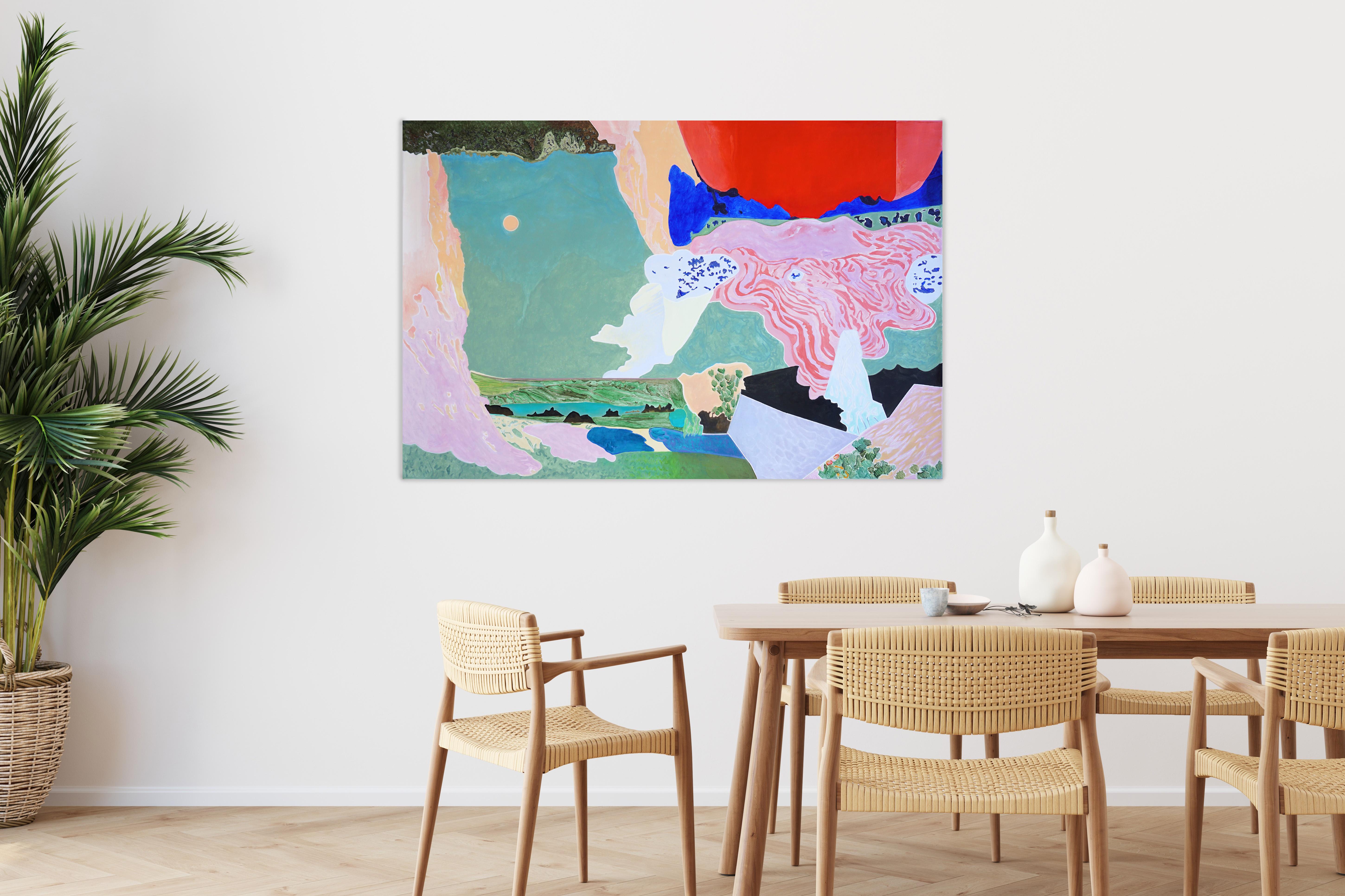 Las Cascadas de la Garrotxa, Paisaje Surrealista, Tonos Vivos, Acrílico sobre Lienzo en venta 1