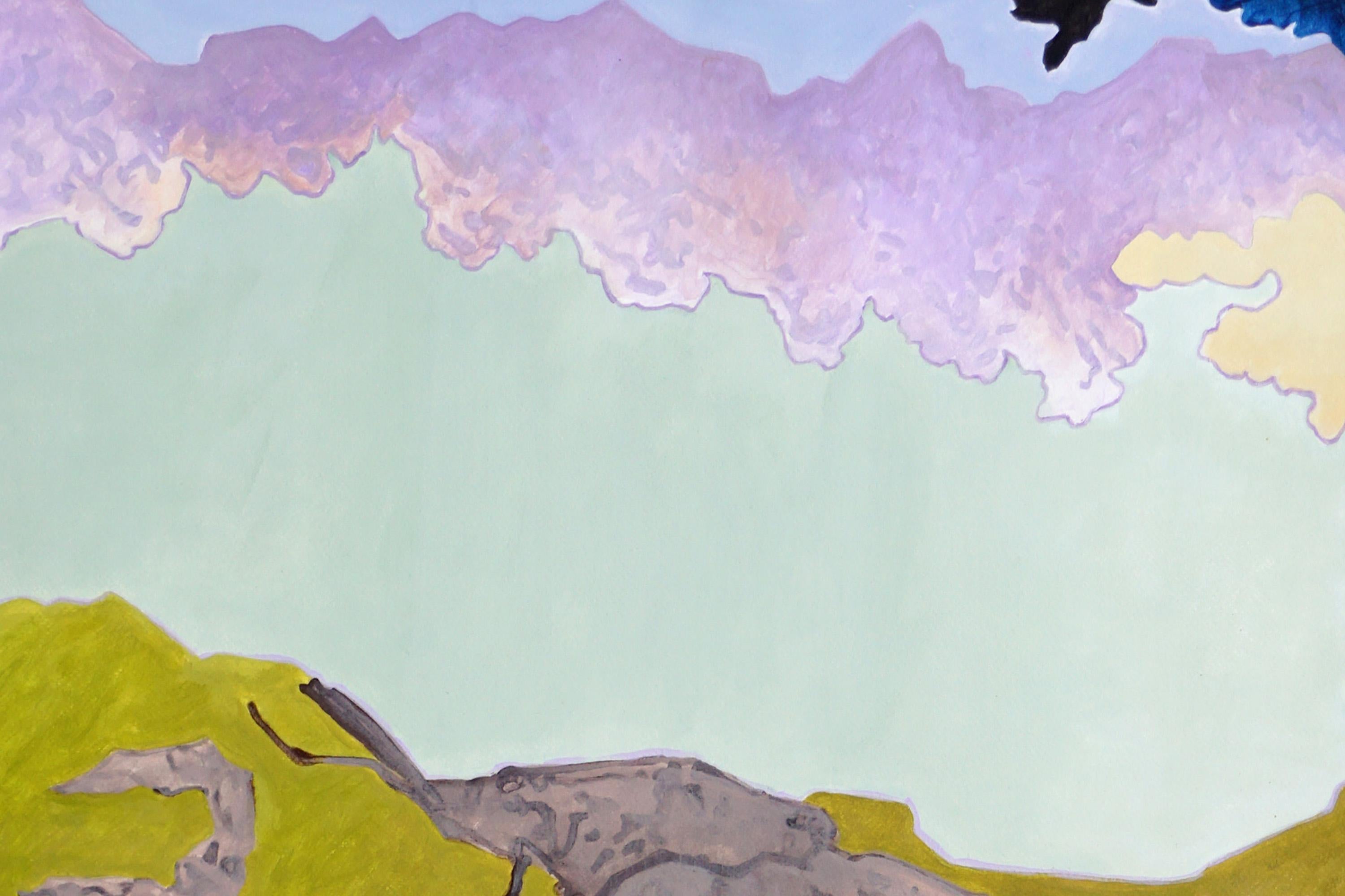 Gefangen im schimmernden Blau, surreale Landschaft, fauvistische Northern Lights auf Papier (Surrealismus), Painting, von Alexandra Czierpka