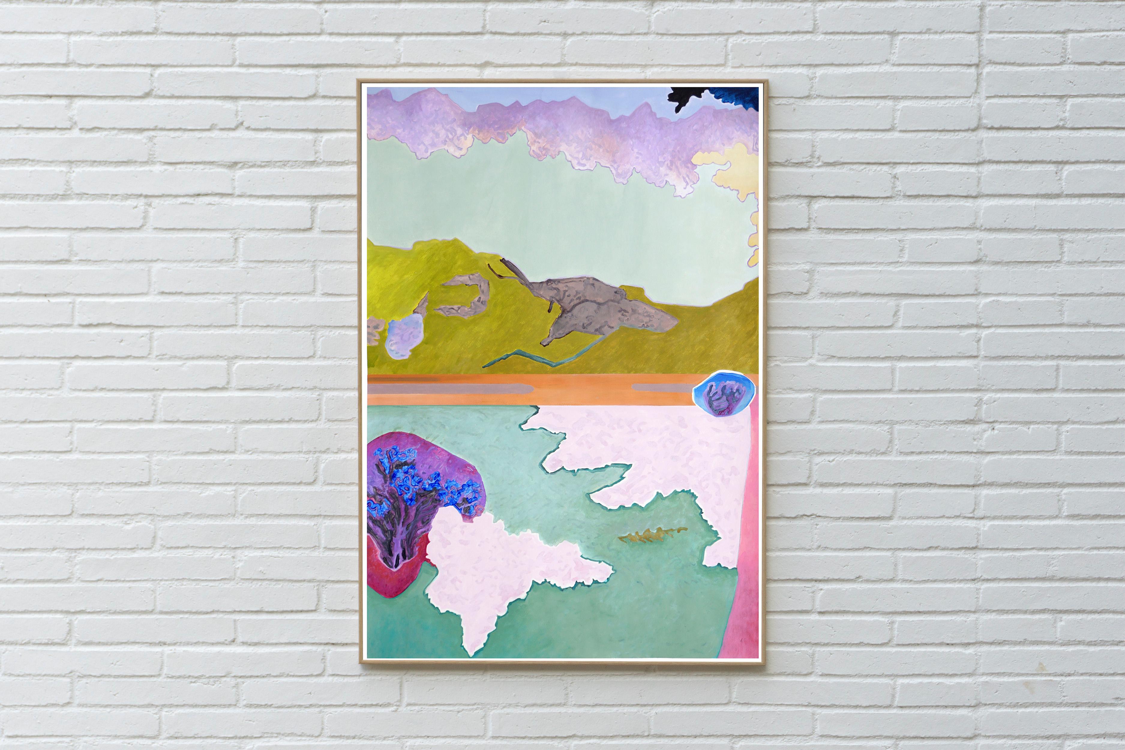 Gefangen im schimmernden Blau, surreale Landschaft, fauvistische Northern Lights auf Papier (Grau), Landscape Painting, von Alexandra Czierpka