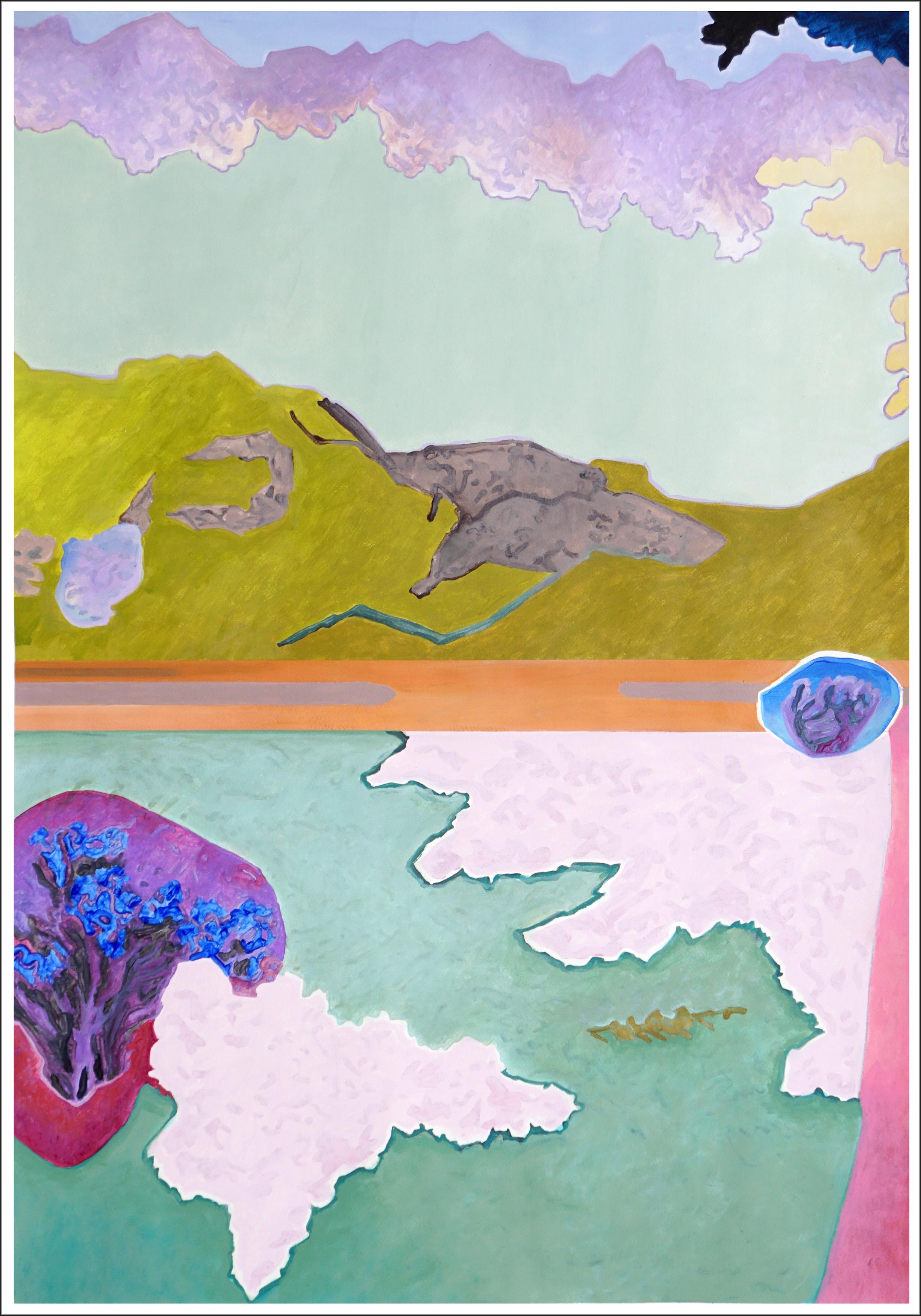 Alexandra Czierpka Landscape Painting – Gefangen im schimmernden Blau, surreale Landschaft, fauvistische Northern Lights auf Papier