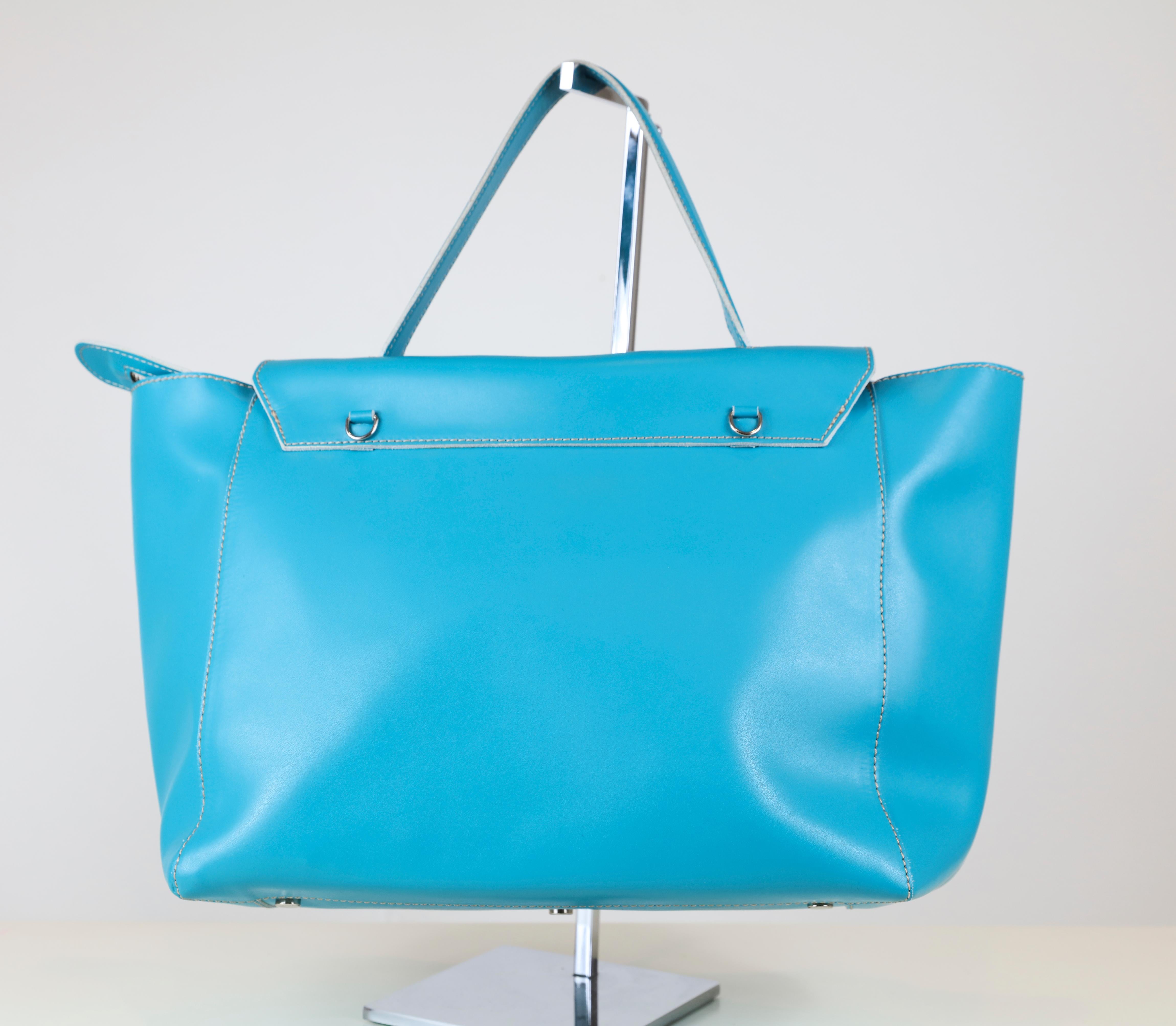 Alexandra DeCurtis Turquoise/Aqua, Leather, Calf Skin Satchel Bag with Removable Cross Body Strap