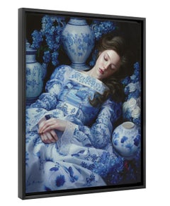"Porcelain Reverie" - Oil Painting, Beautiful Model with Blue & White Porcelain