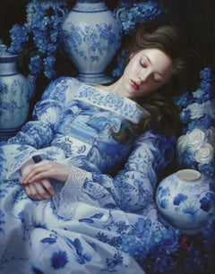 "Porcelain Reverie" - Oil Painting, Beautiful Model with Blue & White Porcelain