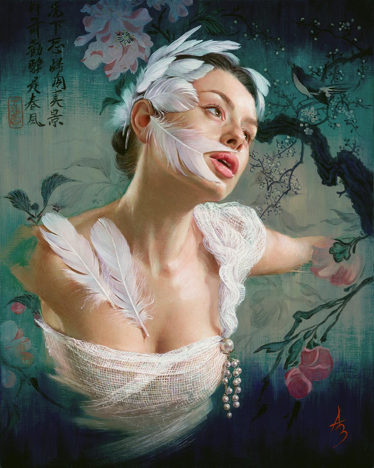 Portrait Painting Alexandra Manukyan - « Silent Melody », peinture à l'huile