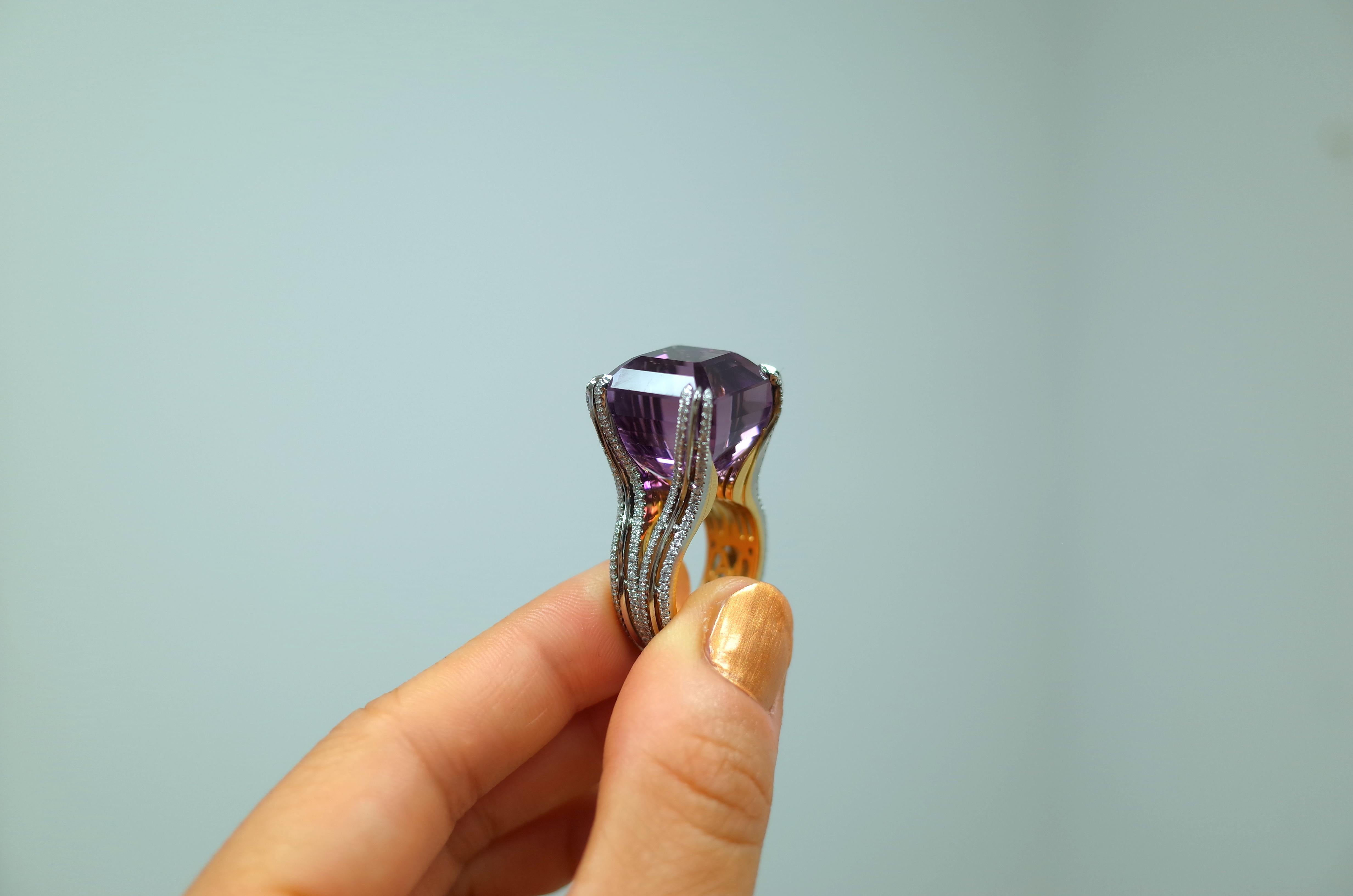 Asscher Cut One-of-A-Kind  Alexandra Mor Asscher-Cut Amethyst and Diamond Ring  For Sale