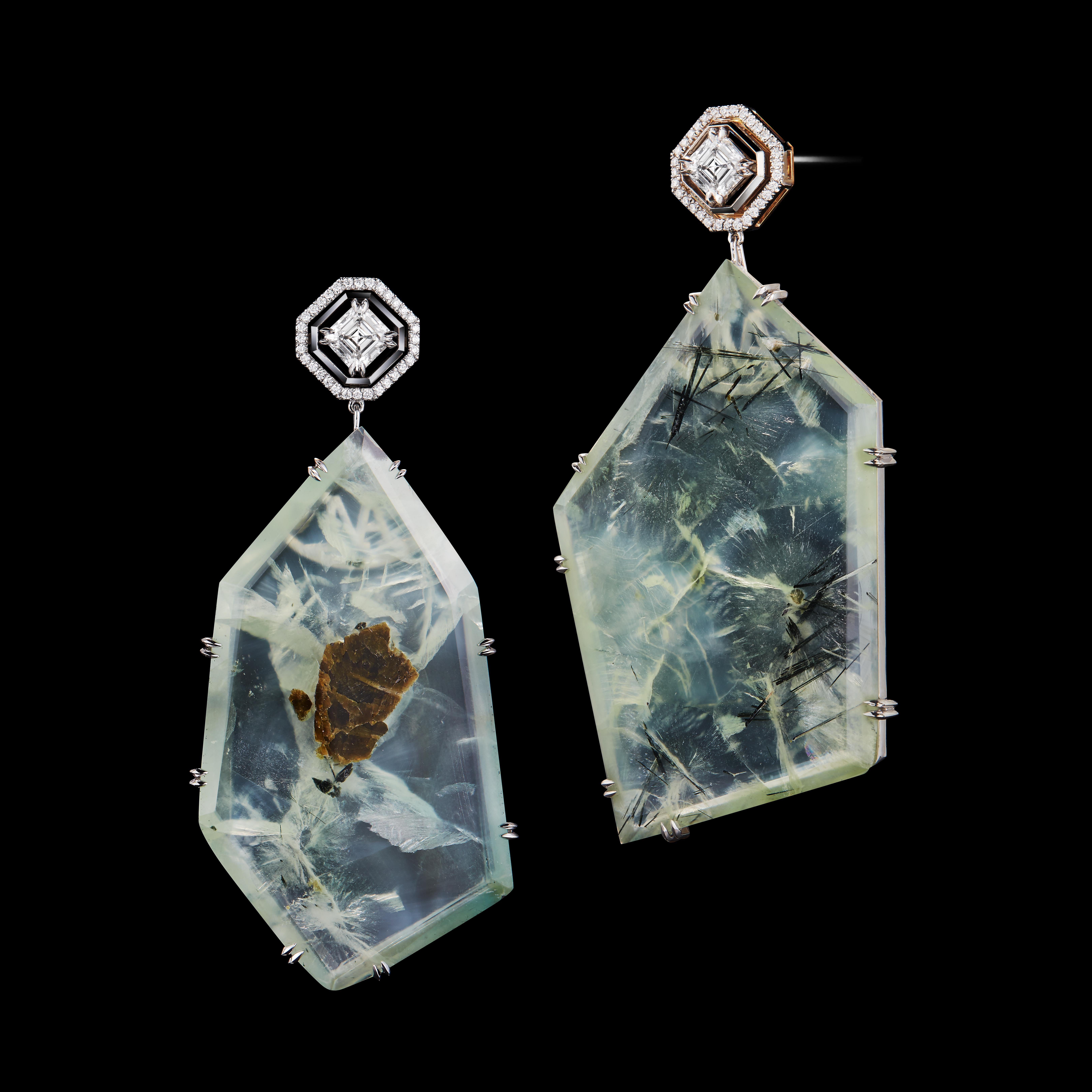A pair of one-of-a-kind Alexandra Mor earrings featuring Asscher-cut Diamonds and Prehnite Precious Stones. Earrings are complemented by Alexandra Mor signature floating Diamond melee weighing 0.32 carats, and knife-edged wire detail. Asscher-cut