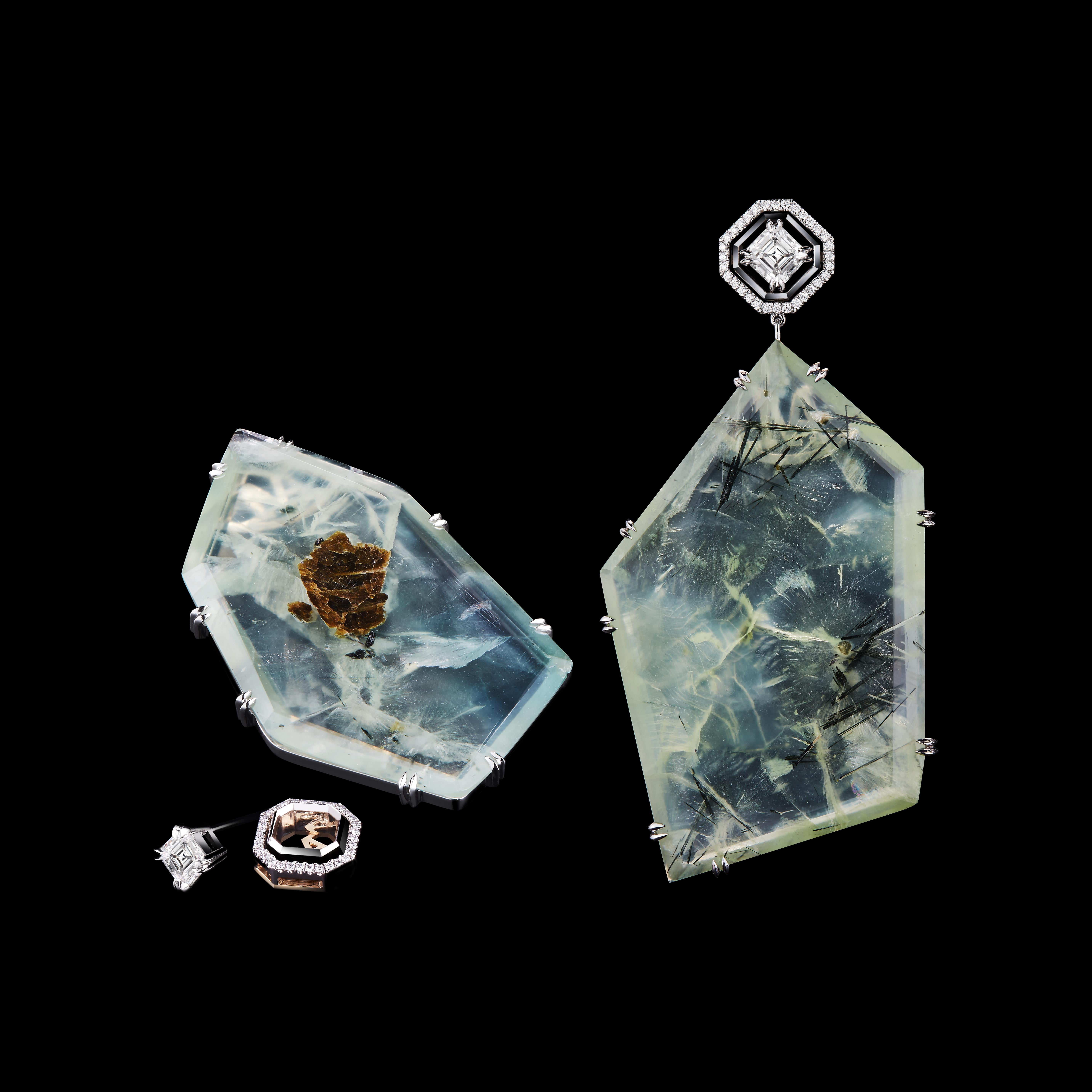 Contemporary Alexandra Mor Asscher-Cut Diamond and Prehnite Precious Stone Earrings For Sale