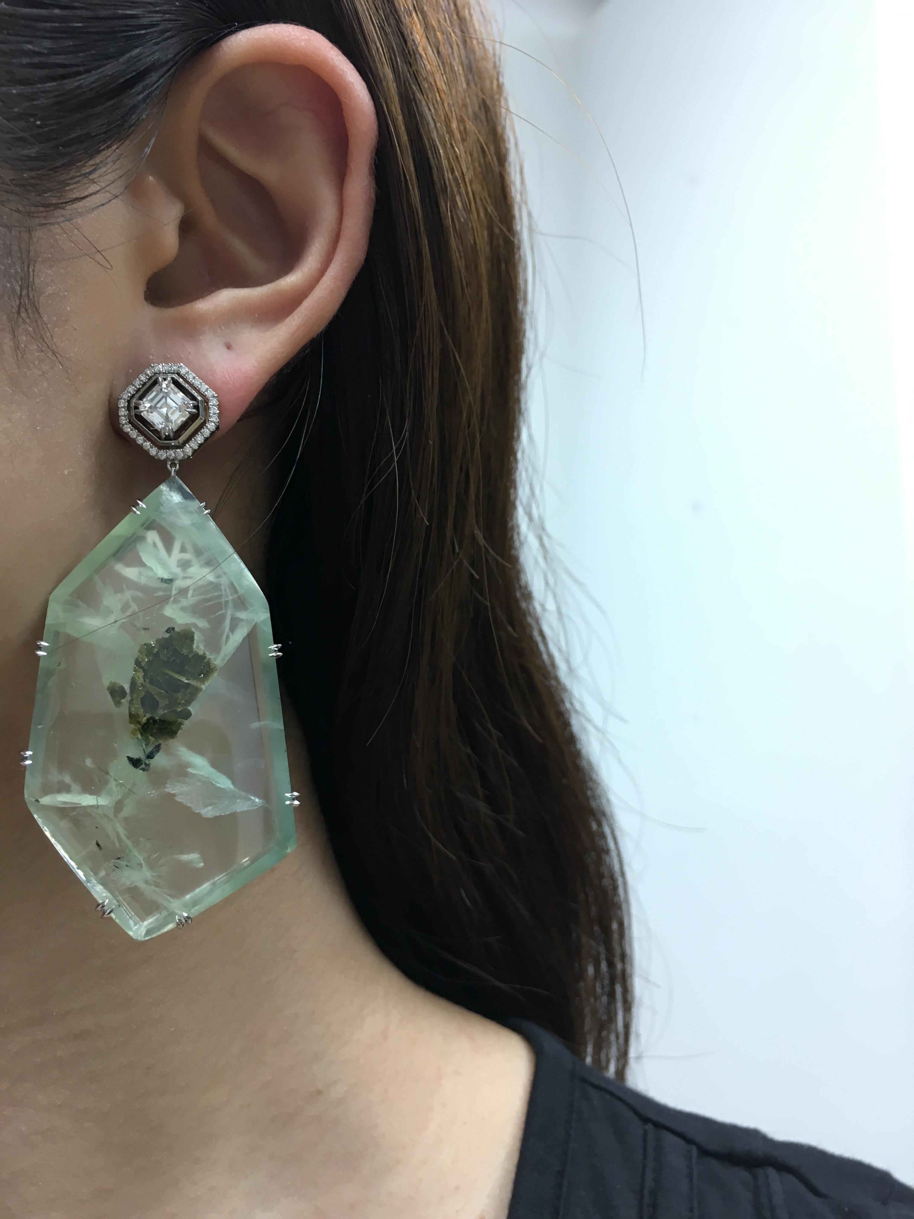 Asscher Cut Alexandra Mor Asscher-Cut Diamond and Prehnite Precious Stone Earrings For Sale