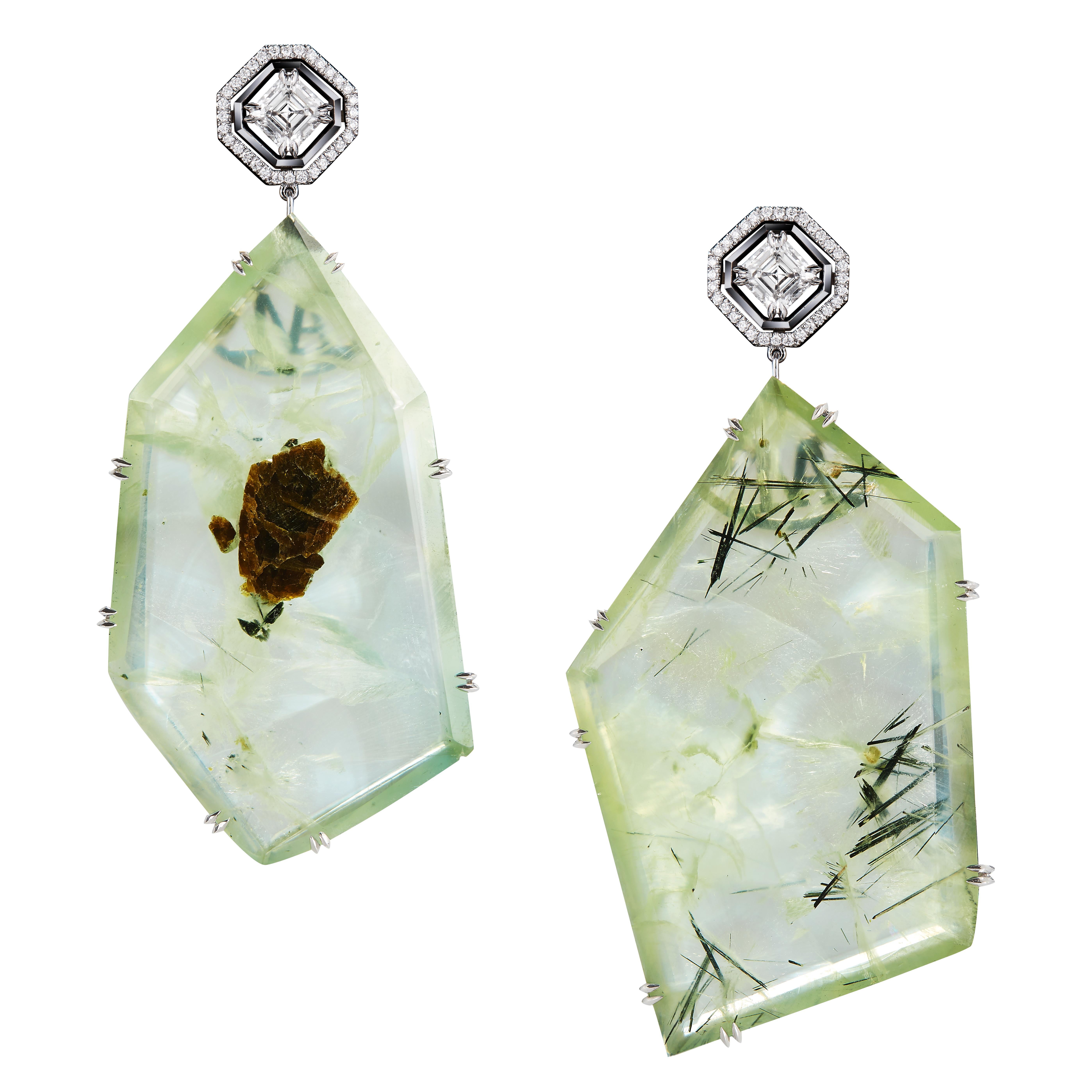 Alexandra Mor Asscher-Cut Diamond and Prehnite Precious Stone Earrings For Sale