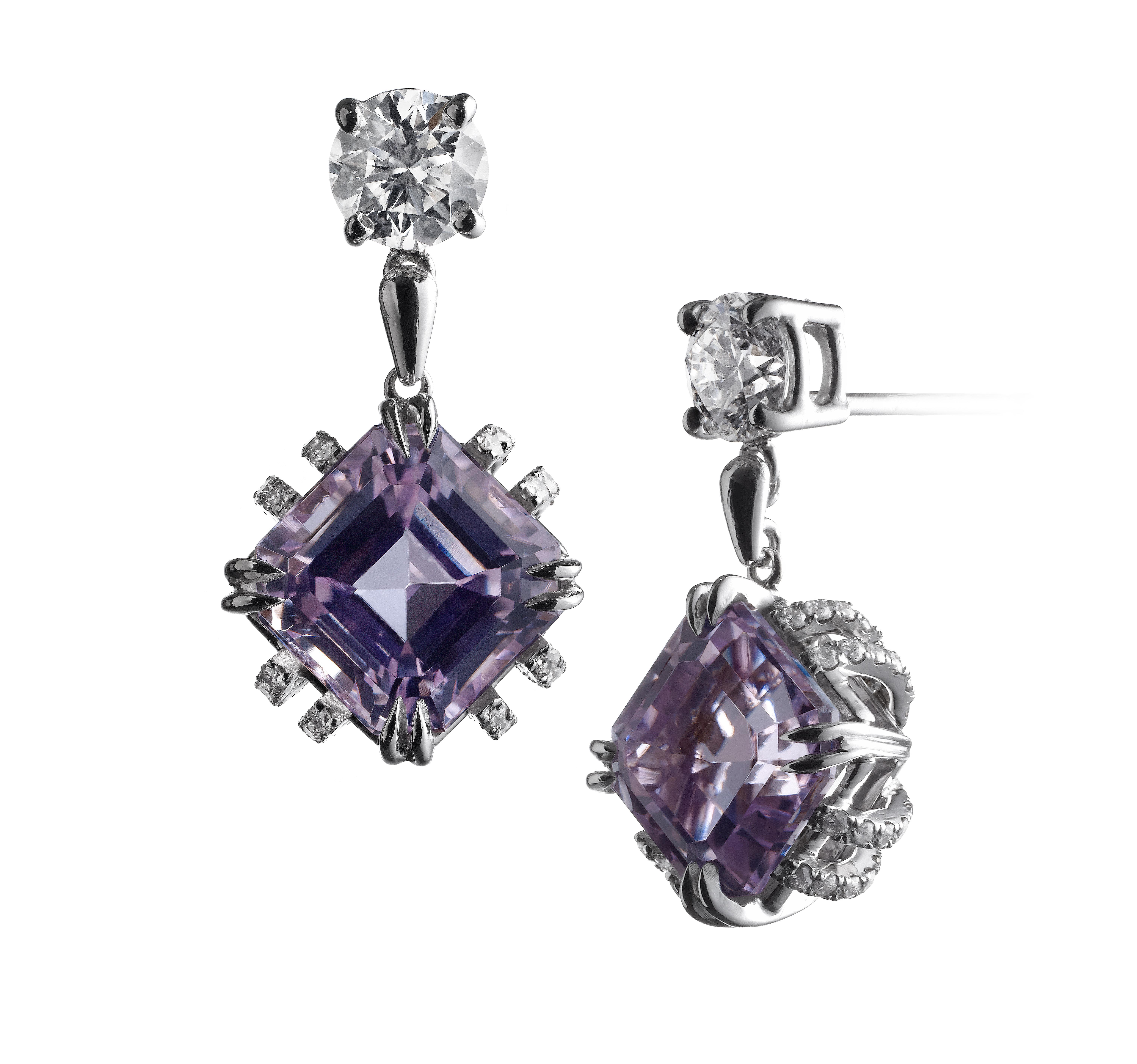 Contemporary Alexandra Mor Asscher-Cut Kunzite and Diamond Earrings For Sale