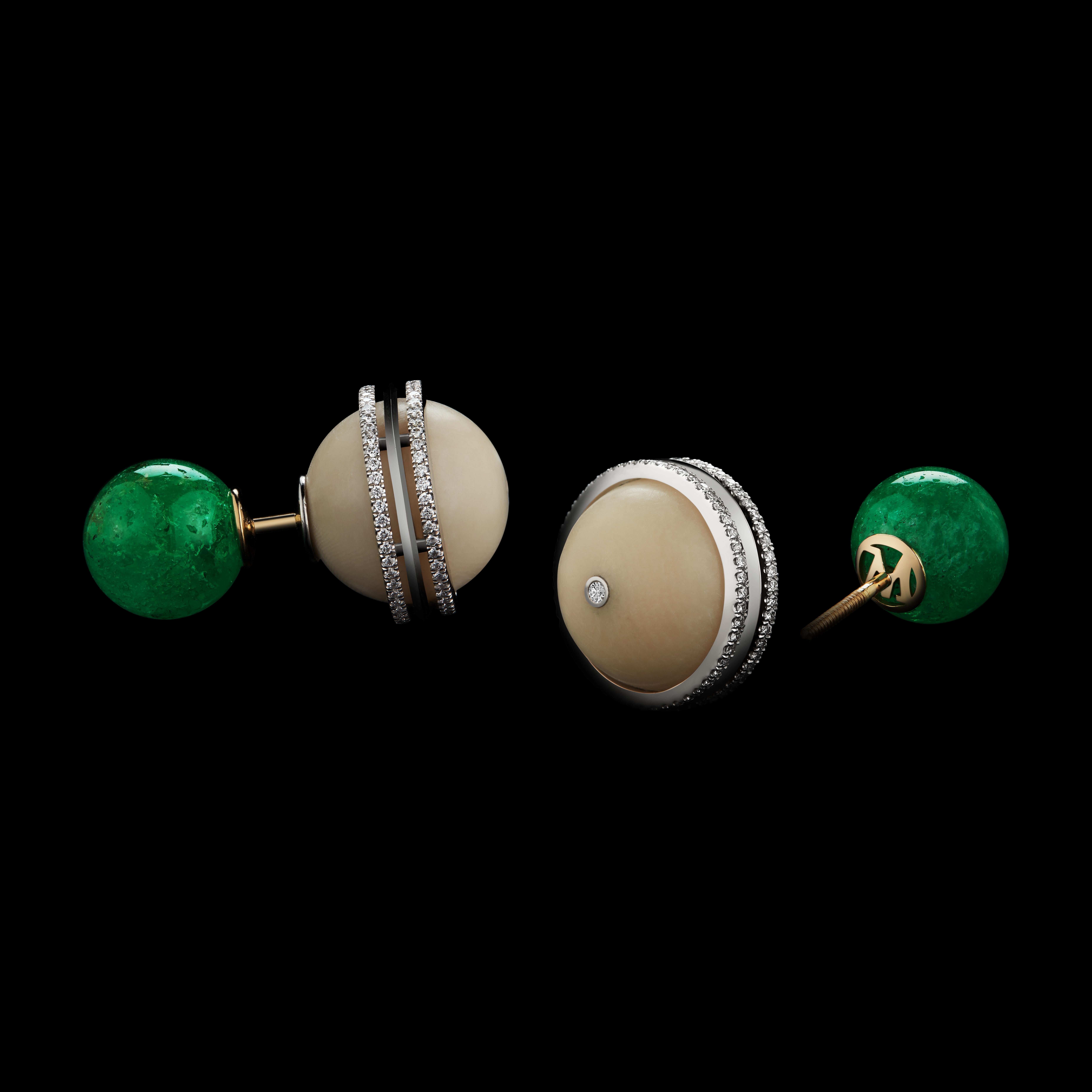 An Alexandra Mor One-Of-a-Kind double-sided stud earring featuring 21.96 carats of ethically-mined *Muzo-Mine Emerald Beads and 25.22 carats of Tagua Beads. Platinum set on 18 KY Gold Alexandra Mor logo gallery with Alexandra Mor's signature details