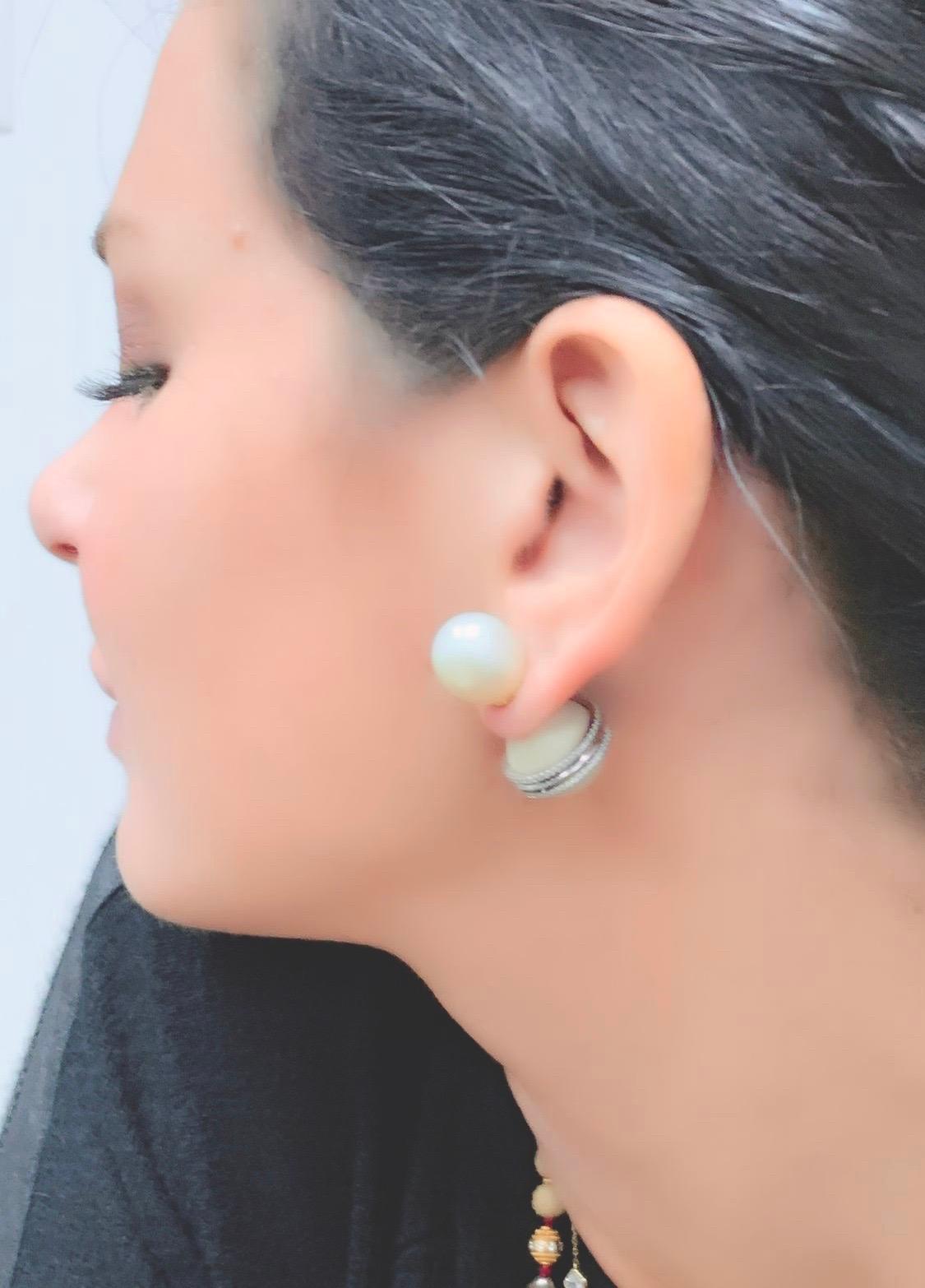 Contemporary Alexandra Mor Double Sided Tribal Studs with South Sea Pearls and Tagua Seed For Sale