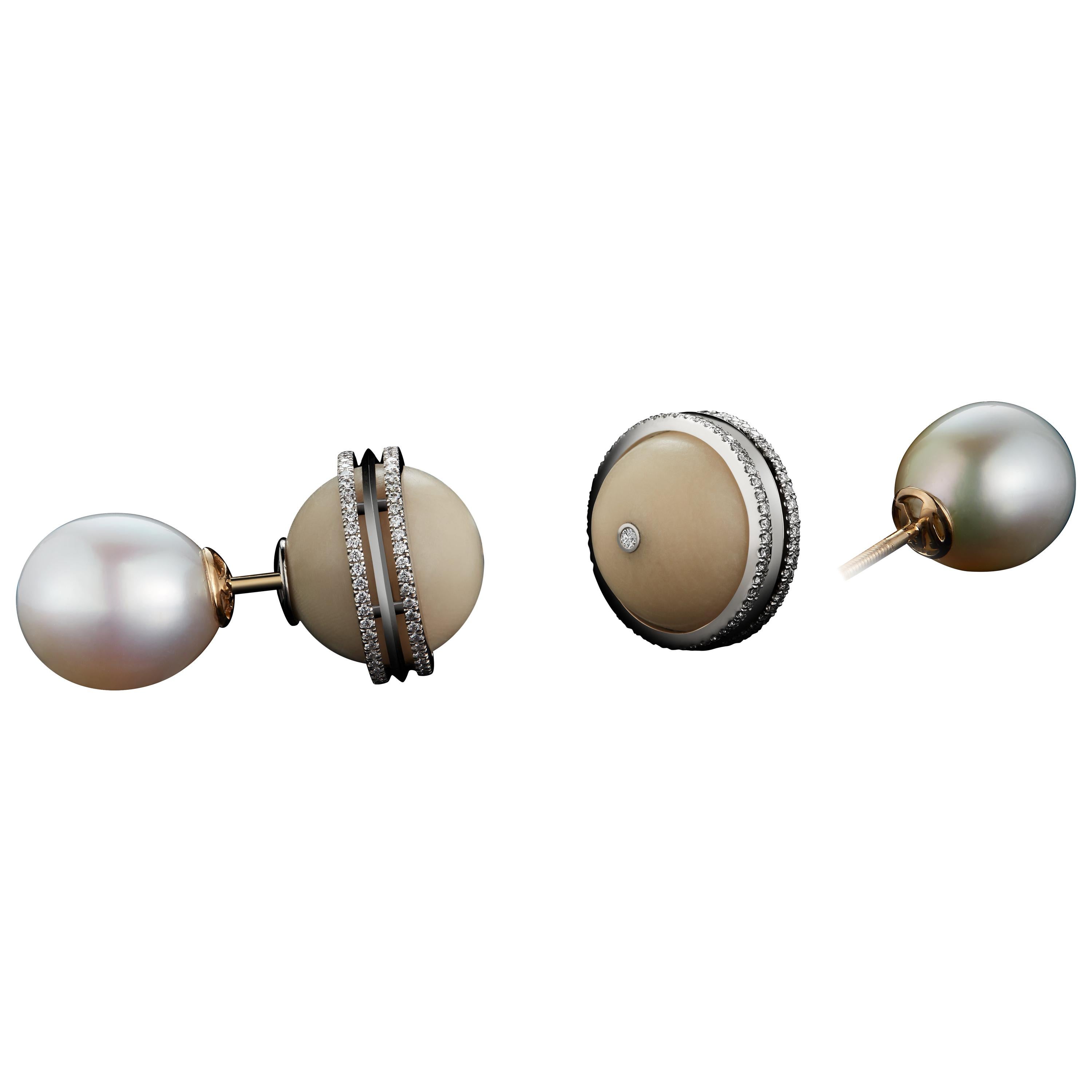 Alexandra Mor Double Sided Tribal Studs with South Sea Pearls and Tagua Seed For Sale