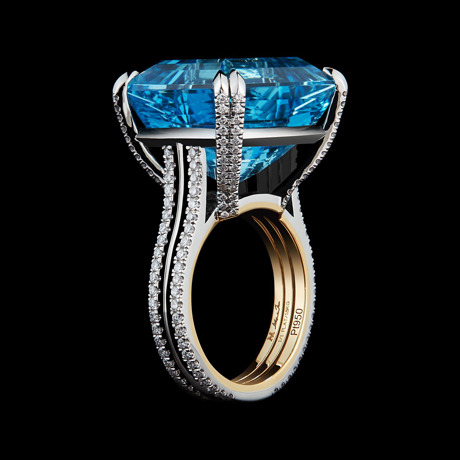 *Please contact us for more information on this piece or on creating your own Alexandra Mor custom Design. 

A one-of-a-kind Alexandra Mor ring featuring a 23.45 carat Emerald-cut Aquamarine detailed with Alexandra Mor's signature 1mm knife-edged