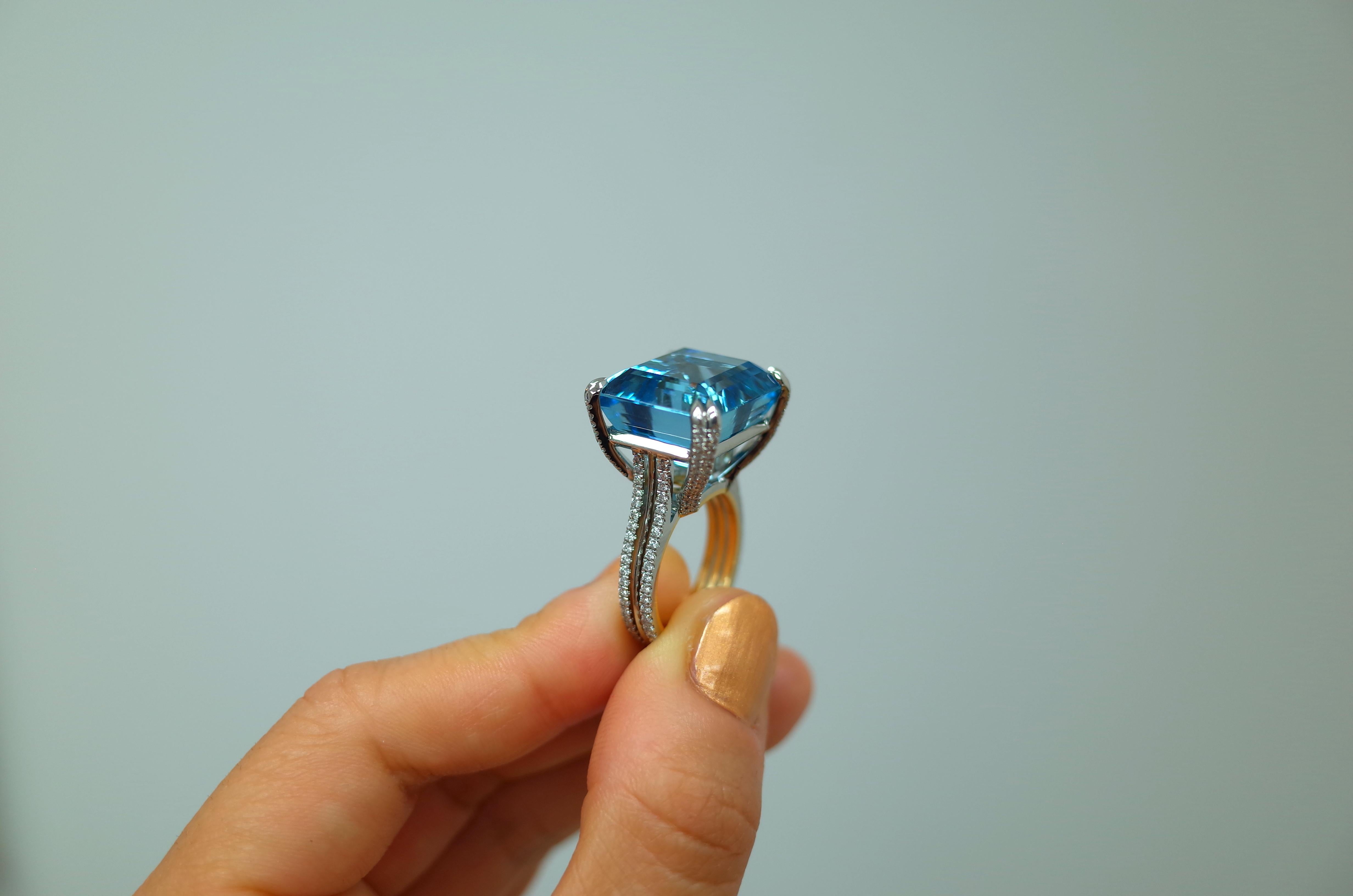 Emerald Cut Alexandra Mor Emerald-Cut Aquamarine and Diamond Ring For Sale