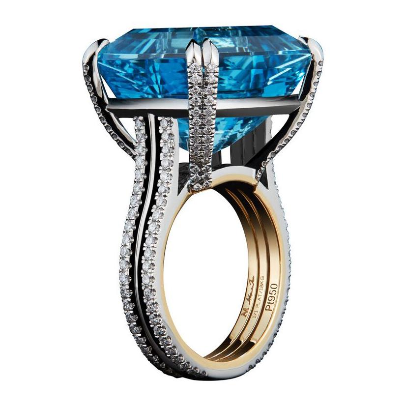 Alexandra Mor Emerald-Cut Aquamarine and Diamond Ring For Sale