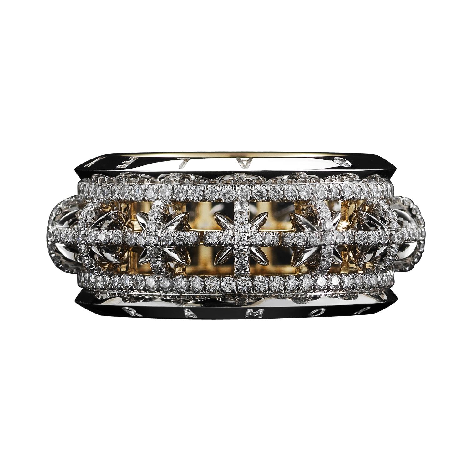 A 5mm Alexandra Mor signature snowflake Diamond eternity band featuring 451 Diamonds set in Alexandra Mor signature floating melee and knife edged wire. Ring is set in platinum and 18 karat yellow gold. Total Diamonds weight is 1.34 carats. Limited
