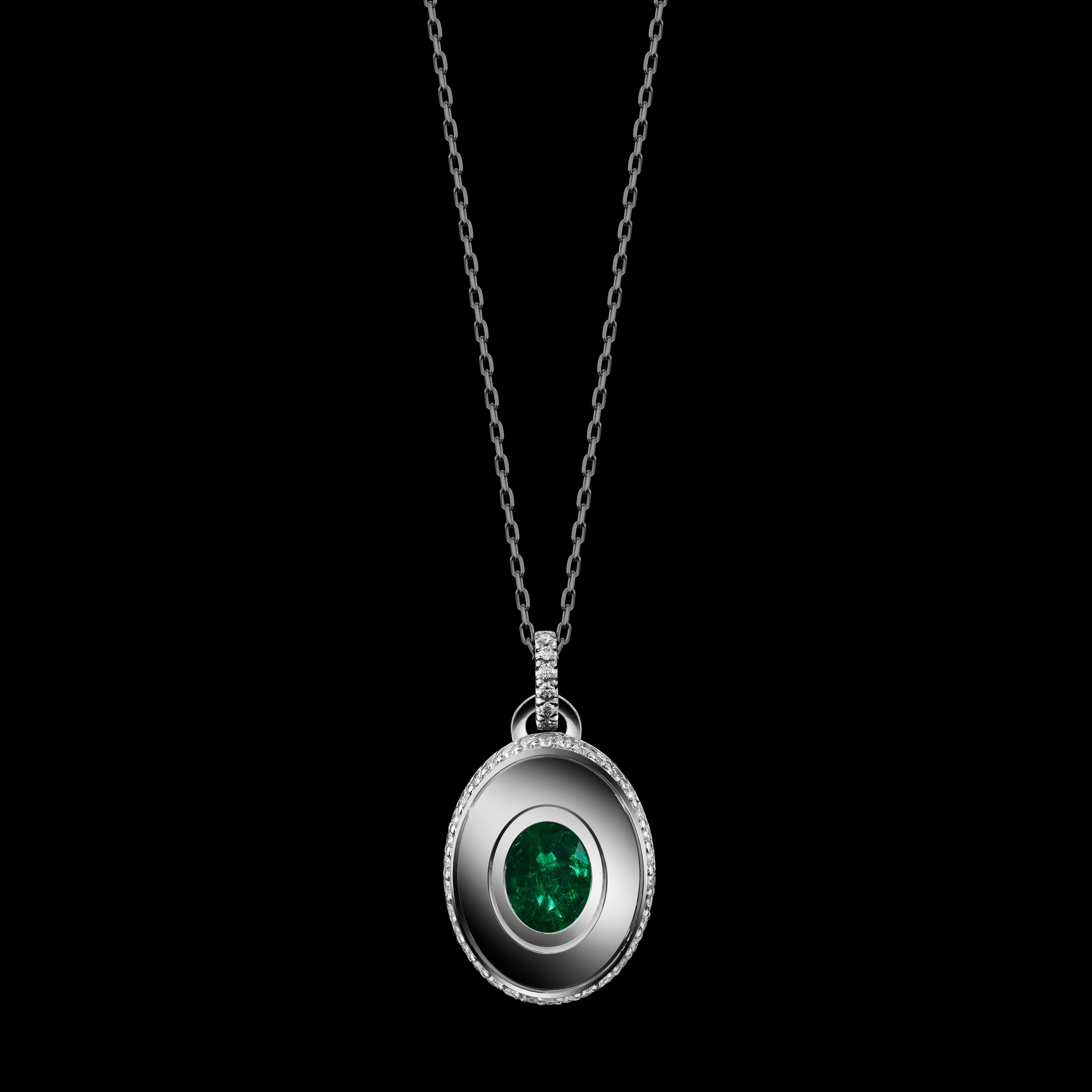 *Please contact us for more information on this piece or on creating your own Alexandra Mor custom Design. 

Alexandra Mor May birthstone charm necklace features an Oval-cut Green Emerald. This charm necklace is set in platinum on 18 karat yellow