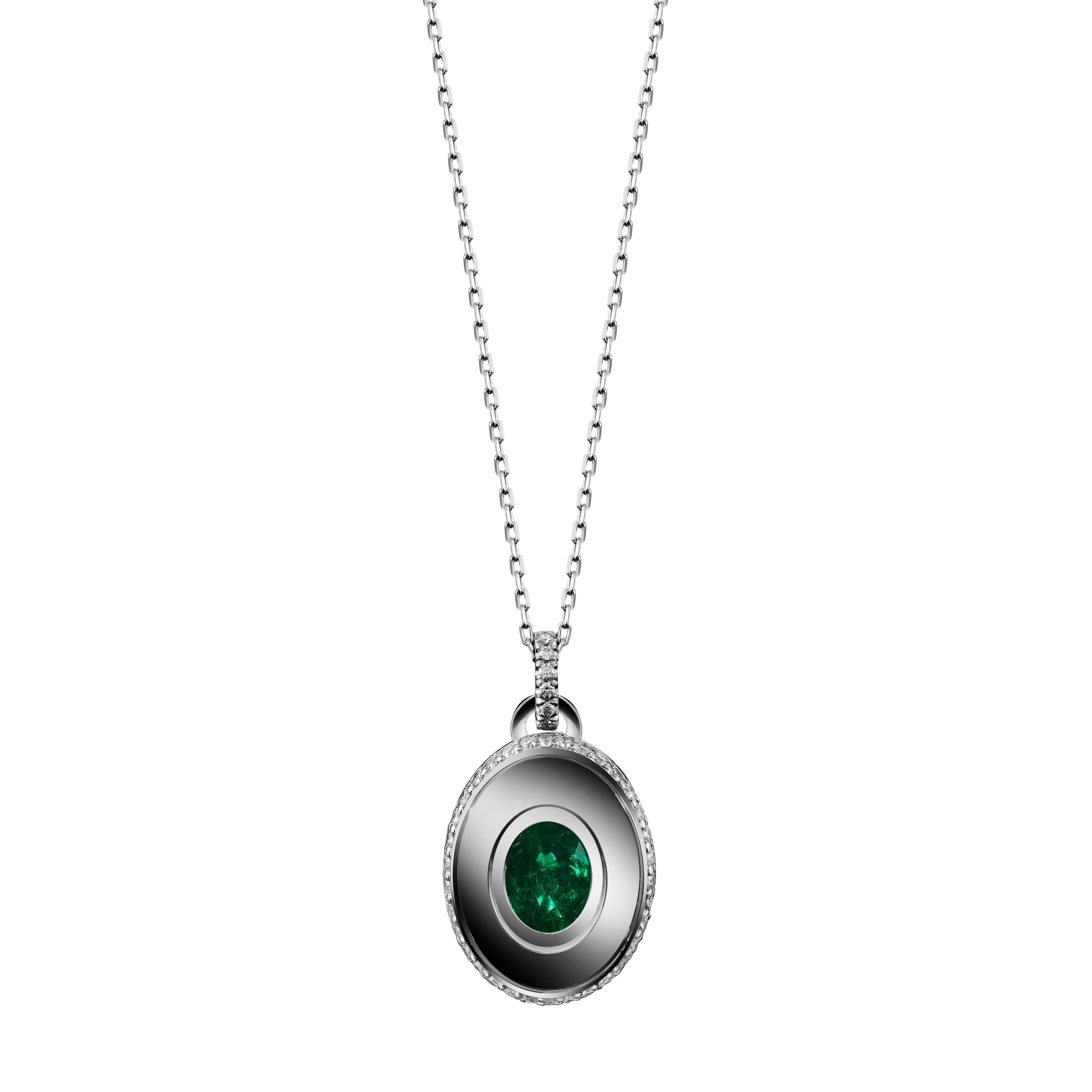 Oval Cut Alexandra Mor Oval-Cut Emerald Diamond May Birthstone Pendant For Sale
