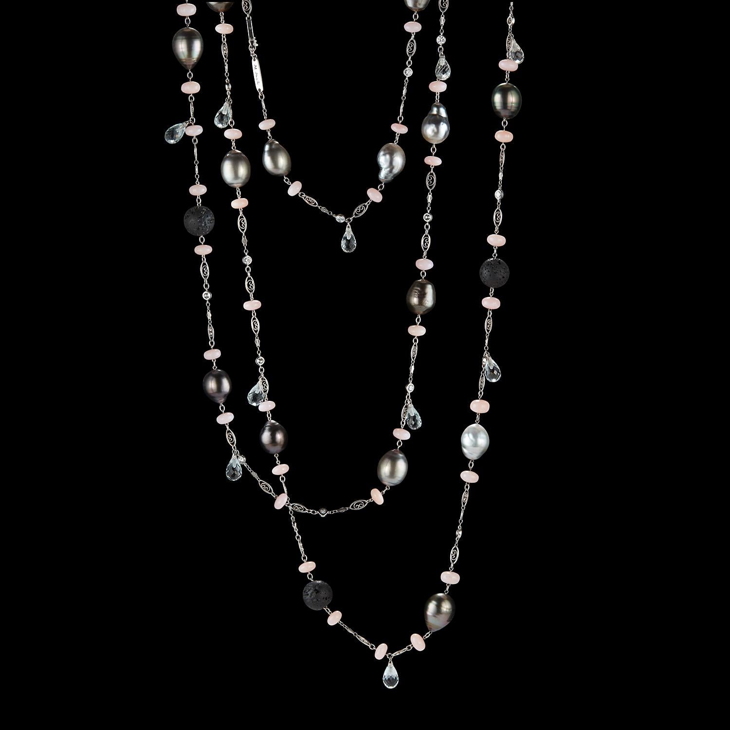 Alexandra Mor 36 inch Sautoir necklace featuring 12 Brilliant-Cut White Diamonds weighing 1.28 carats, 7 White Topaz Briolettes weighing 21.71 carats, 9 Grey Baroque Pearls weighing 133.94 carats, 28 Pink Cabochon Opals weighing 42.00 carats and 4