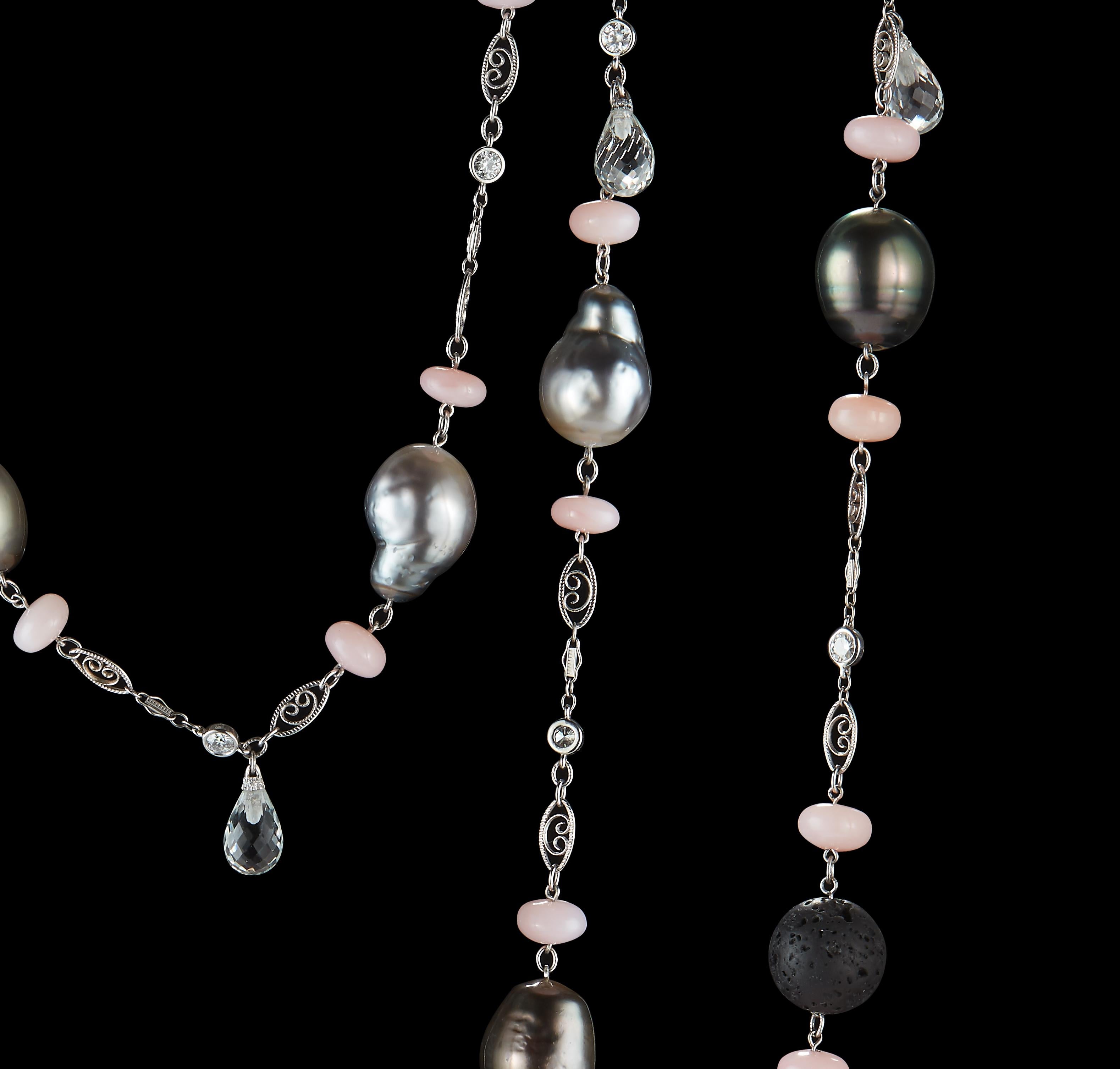 Alexandra Mor Pink Opal, Lava Beads and Pearl Sautoir Necklace (Zeitgenössisch) im Angebot