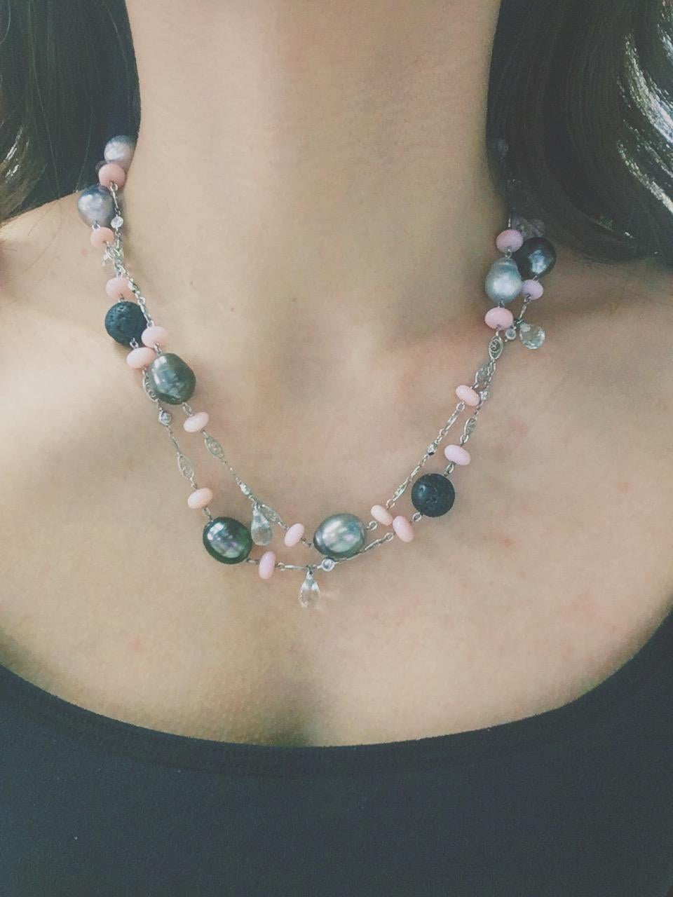 Round Cut Alexandra Mor Pink Opal, Lava Beads and Pearl Sautoir Necklace For Sale