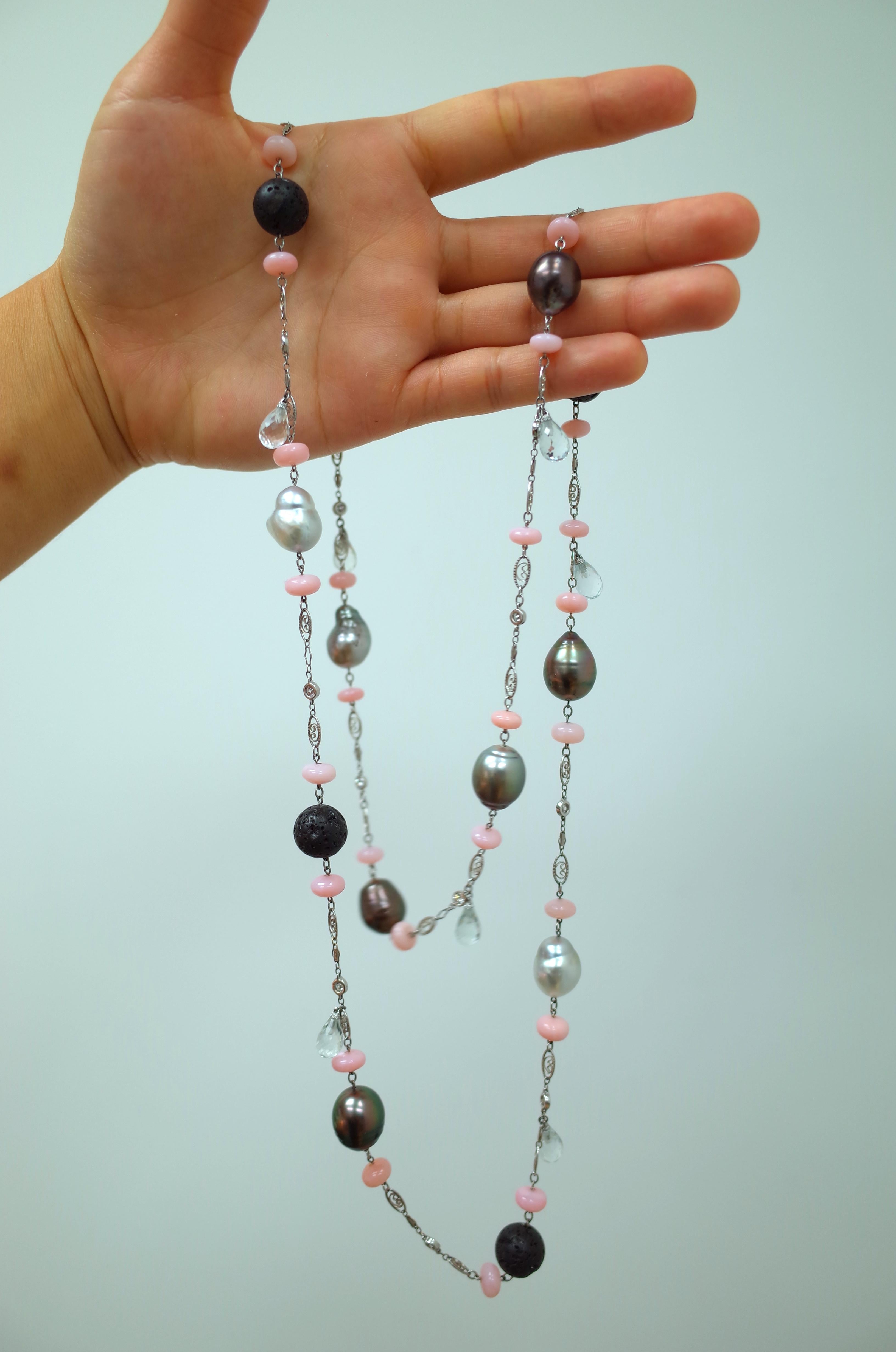 Alexandra Mor Pink Opal, Lava Beads and Pearl Sautoir Necklace In New Condition For Sale In New York, NY