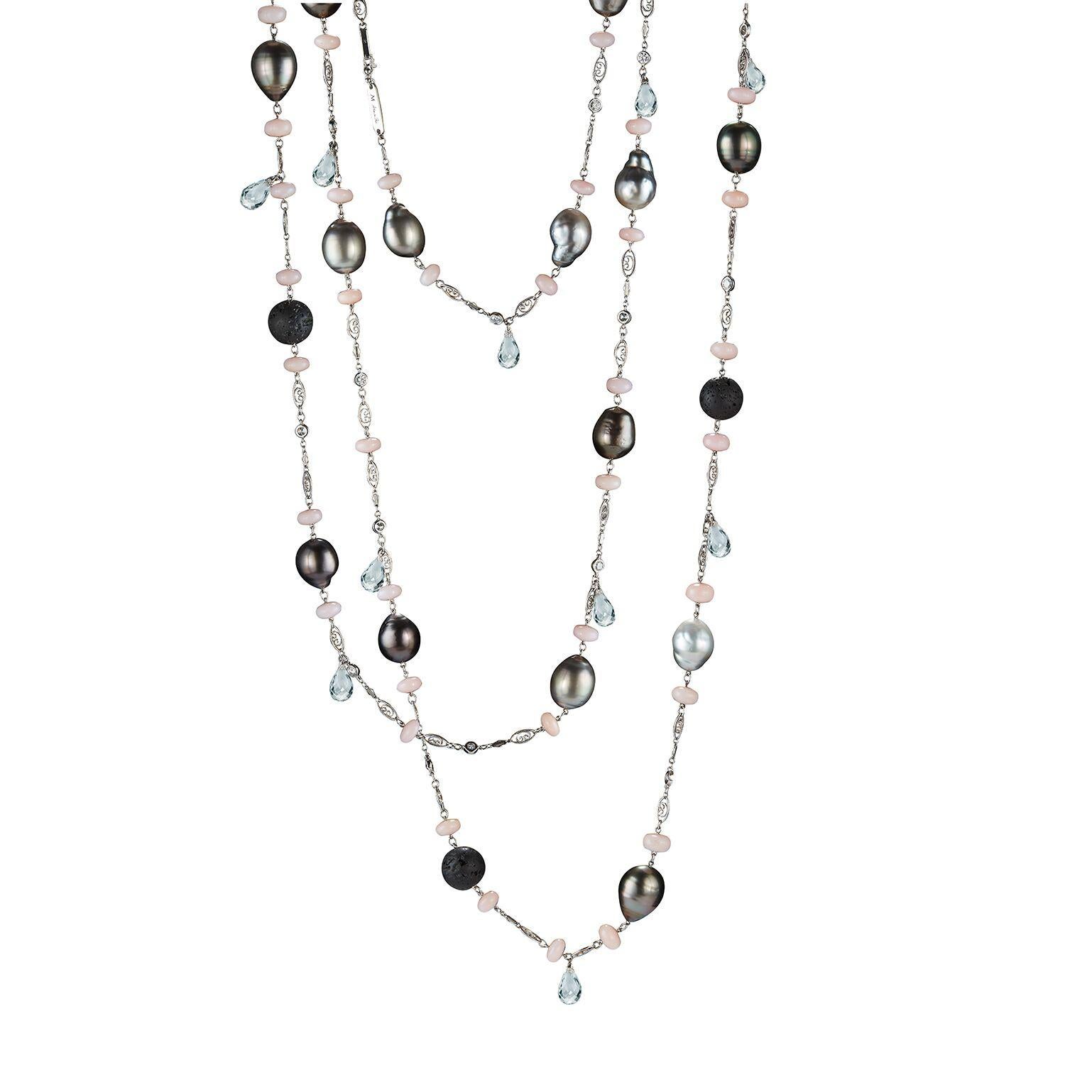 Alexandra Mor Pink Opal, Lava Beads and Pearl Sautoir Necklace For Sale