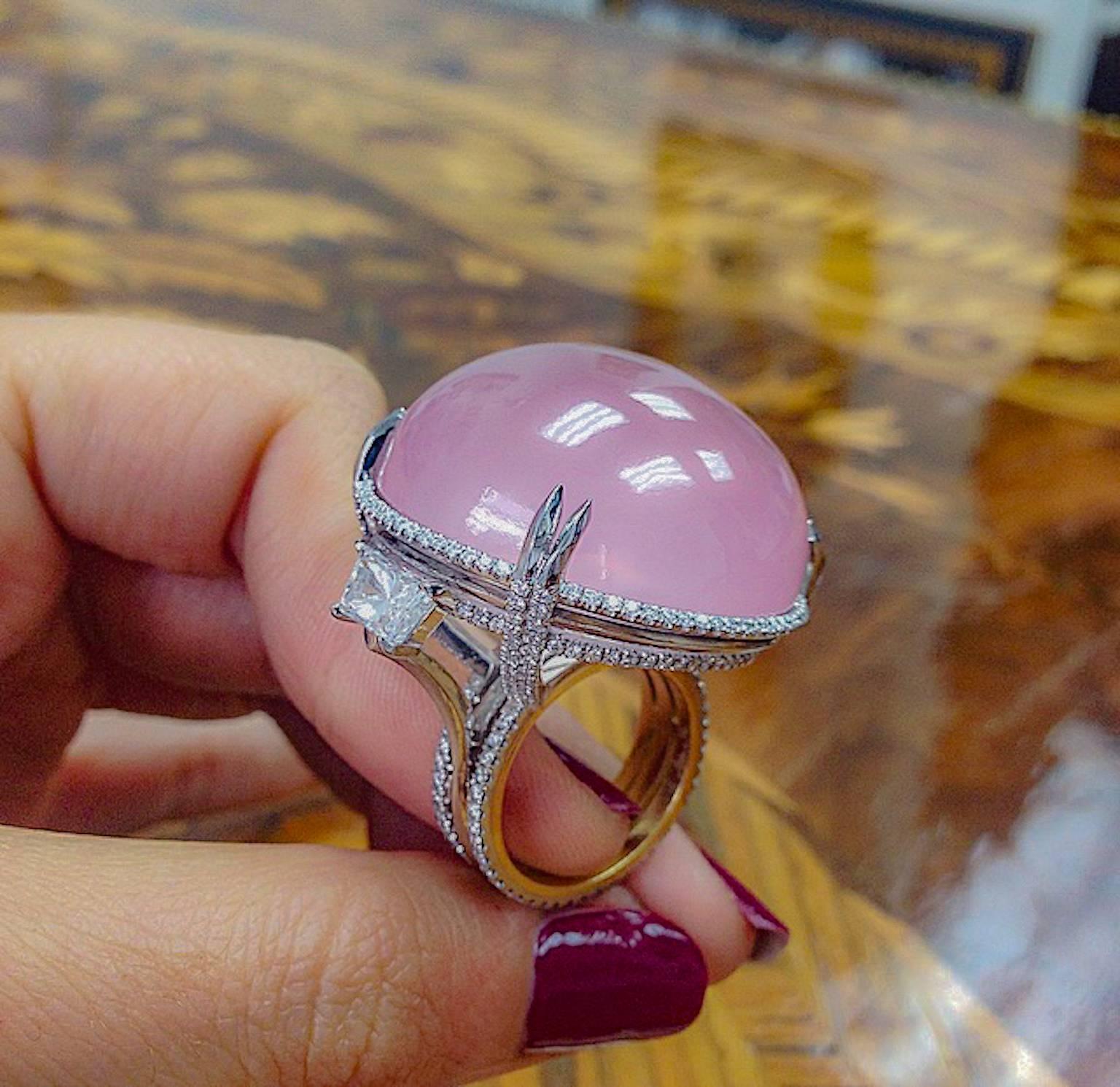 Women's or Men's Alexandra Mor Rose Quartz Cabochon Diamond Gold Platinum Slanted Ring For Sale