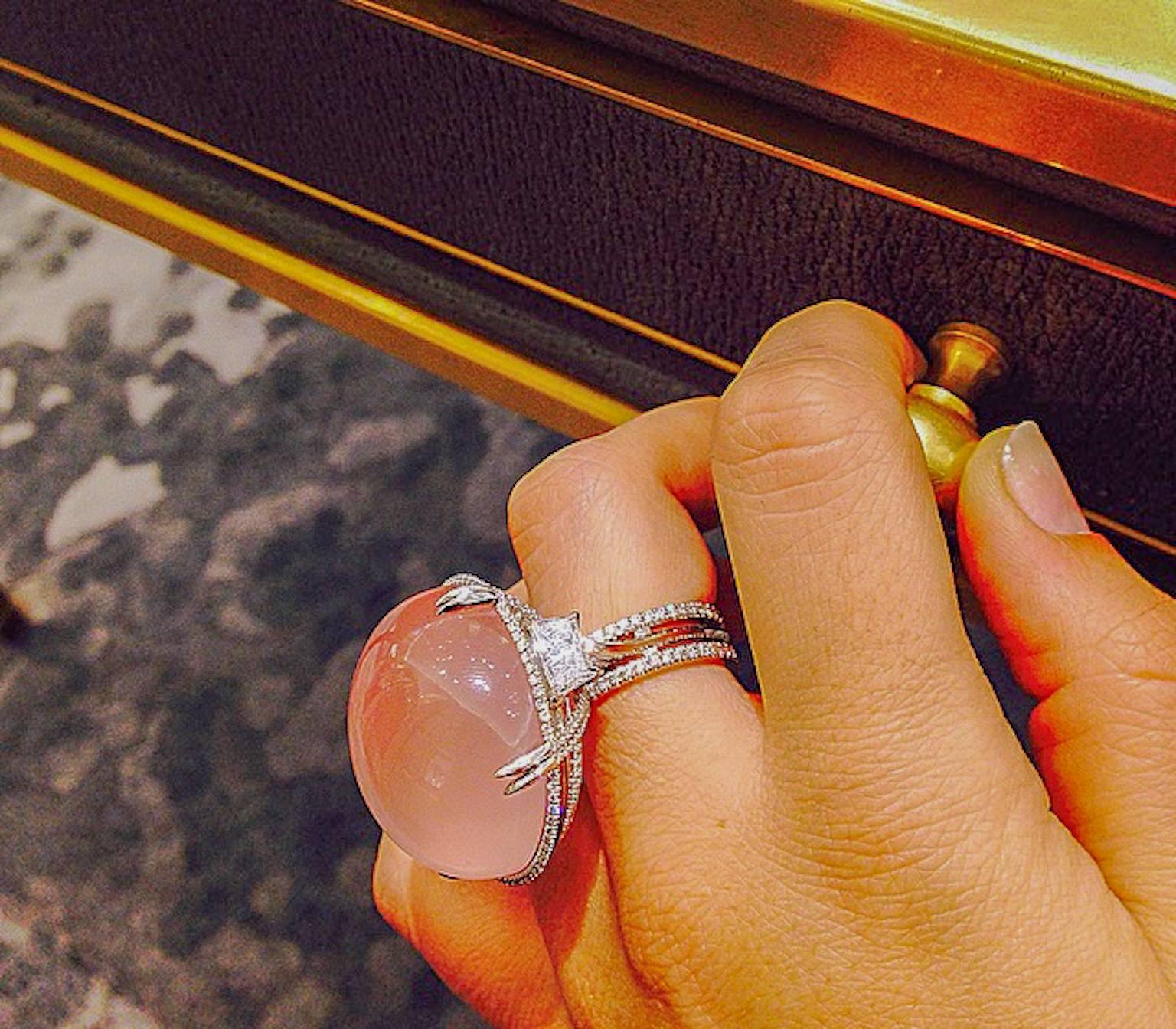 Alexandra Mor Rose Quartz Cabochon Diamond Gold Platinum Slanted Ring For Sale 1