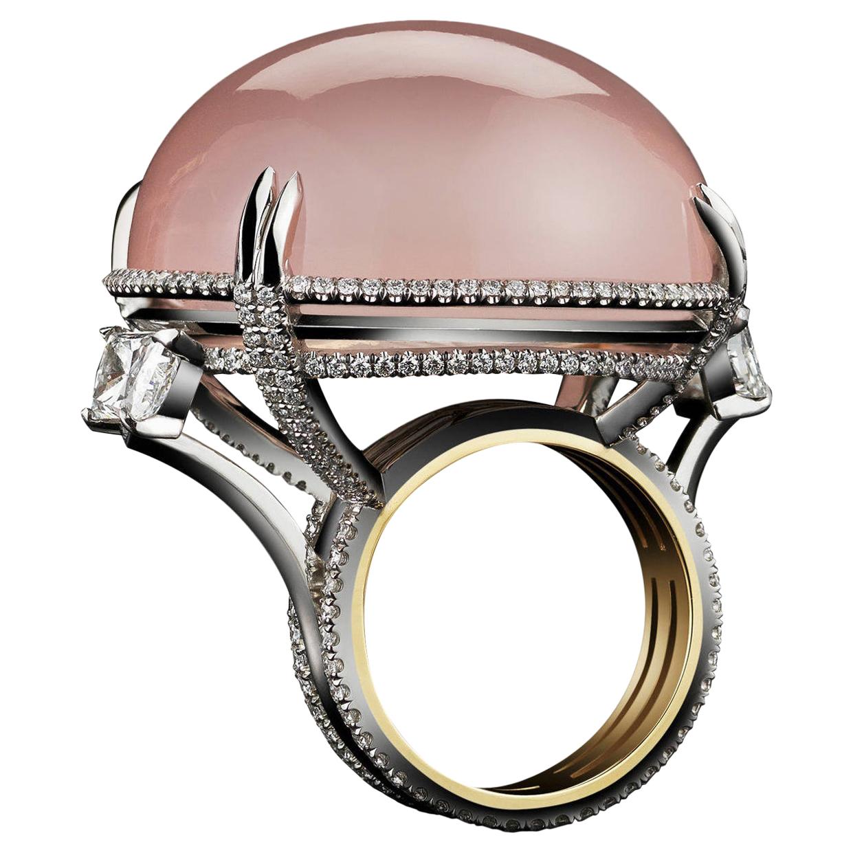 Alexandra Mor Rose Quartz Cabochon Diamond Gold Platinum Slanted Ring For Sale