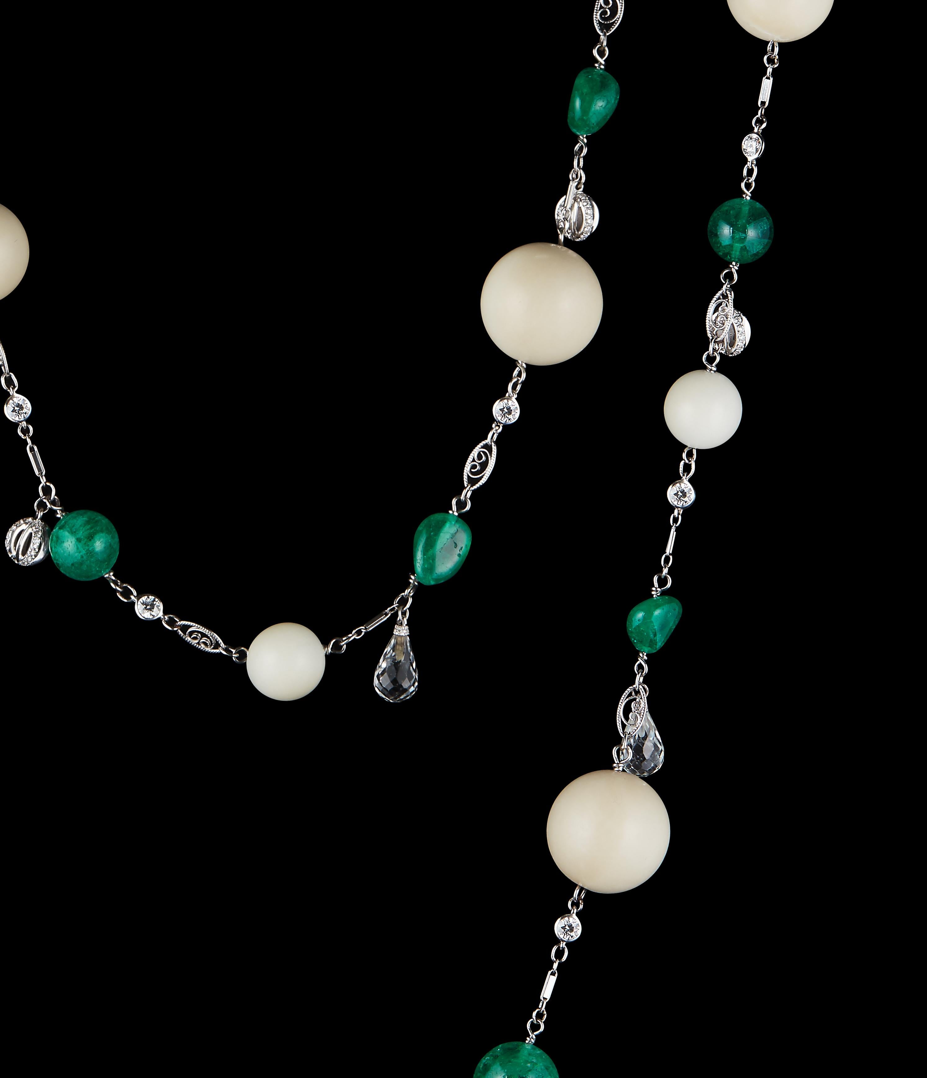 Contemporary Alexandra Mor Tagua and Muzo-Mine Emerald Nuggets and Beads Sautoir Necklace