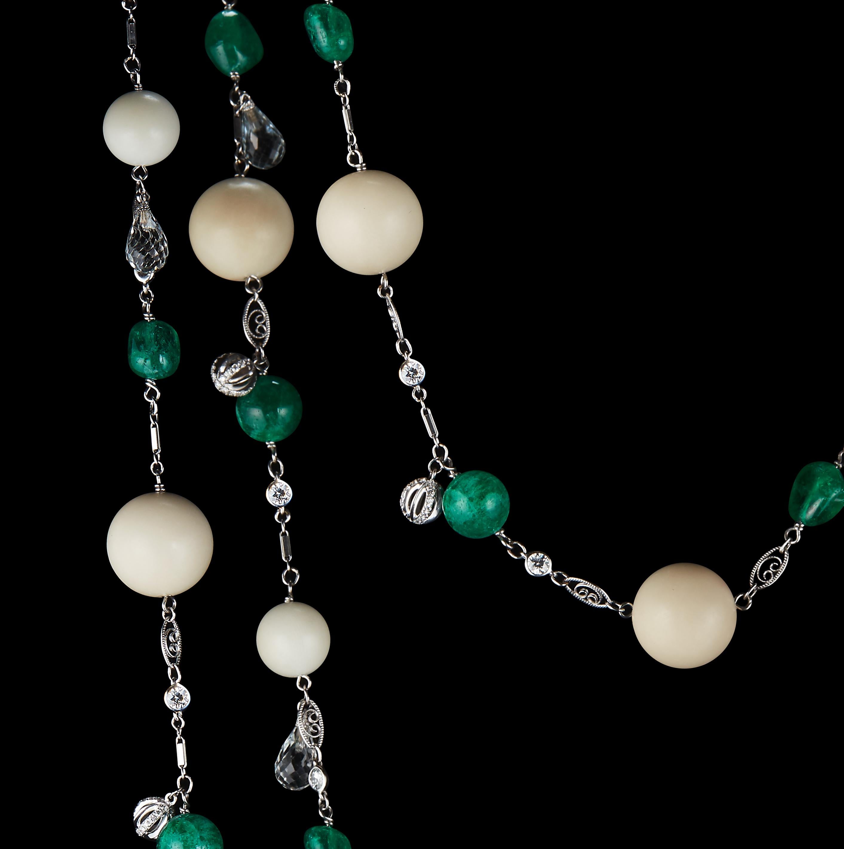 Round Cut Alexandra Mor Tagua and Muzo-Mine Emerald Nuggets and Beads Sautoir Necklace