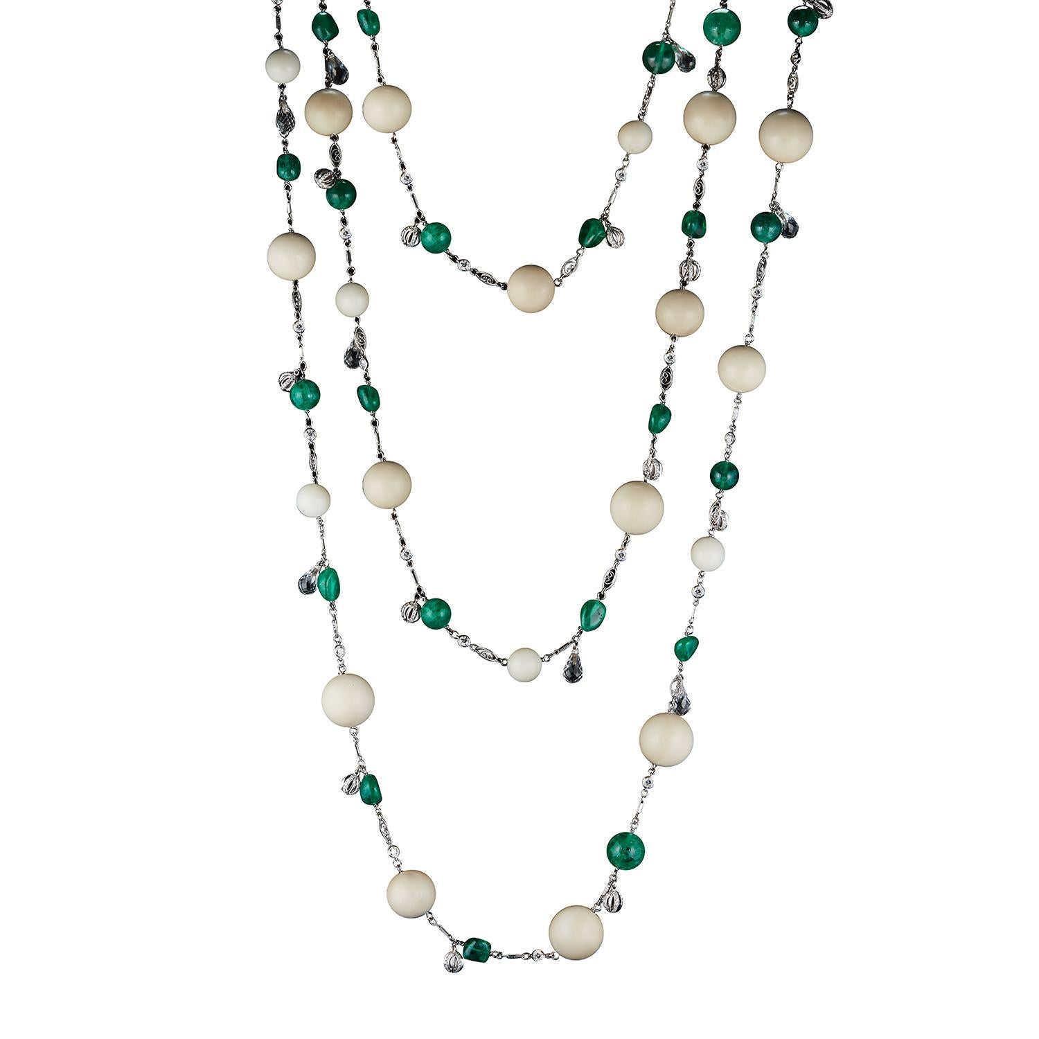 Alexandra Mor Tagua and Muzo-Mine Emerald Nuggets and Beads Sautoir Necklace