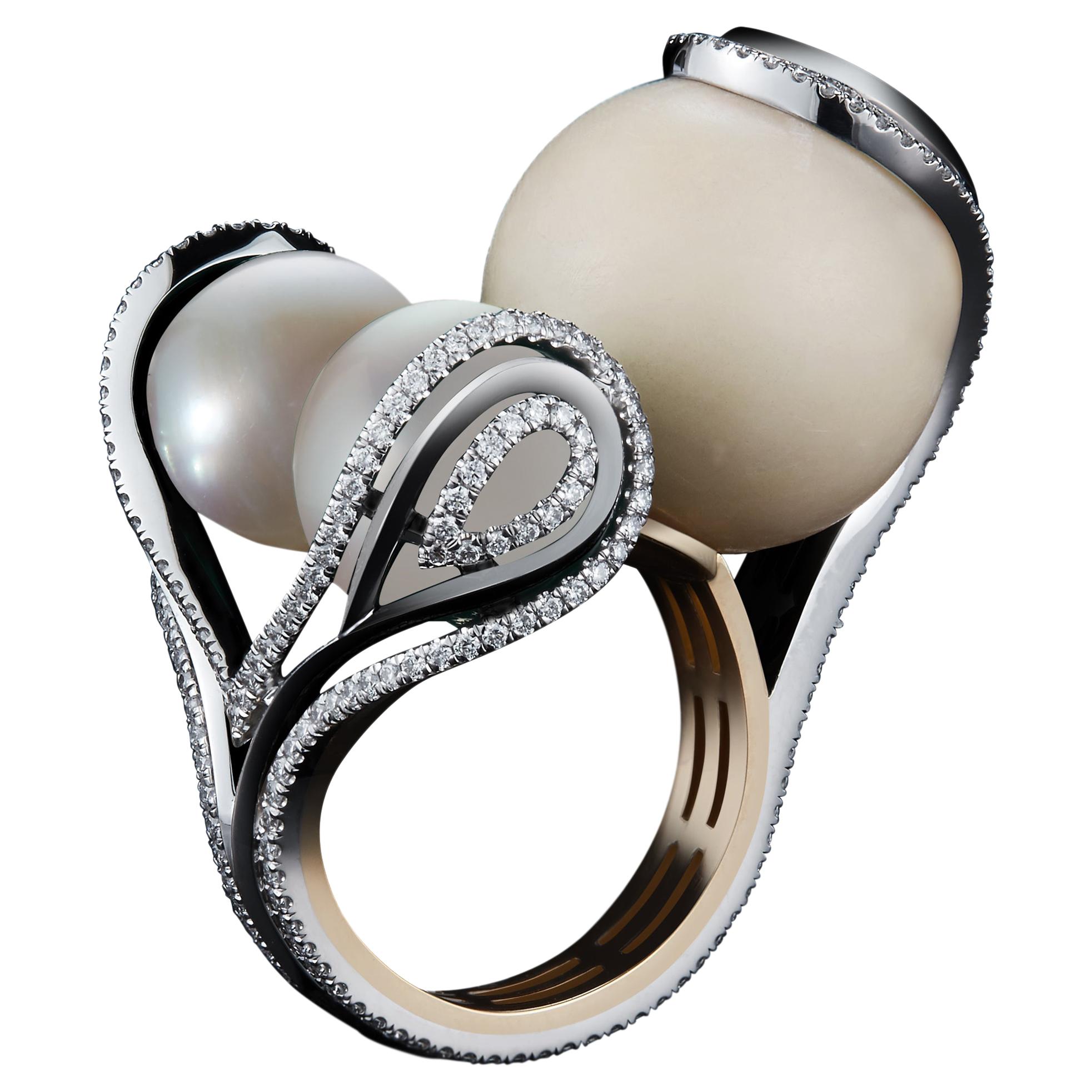 Alexandra Mor Wild Tagua-Seed, Pearl and Diamond Sphere Ring For Sale