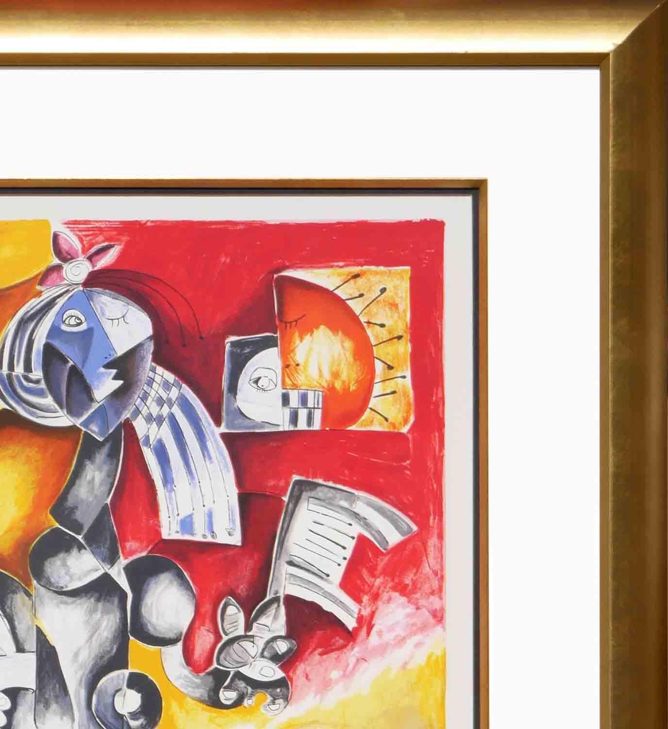 Colorata litografia figurativa astratta dell'artista rumeno-americana Alexandra Nechita. Fortemente influenzata dall'astrazione cubista, l'opera presenta una figura femminile centrale resa con colori primari. Firmato, datato ed edito a matita lungo