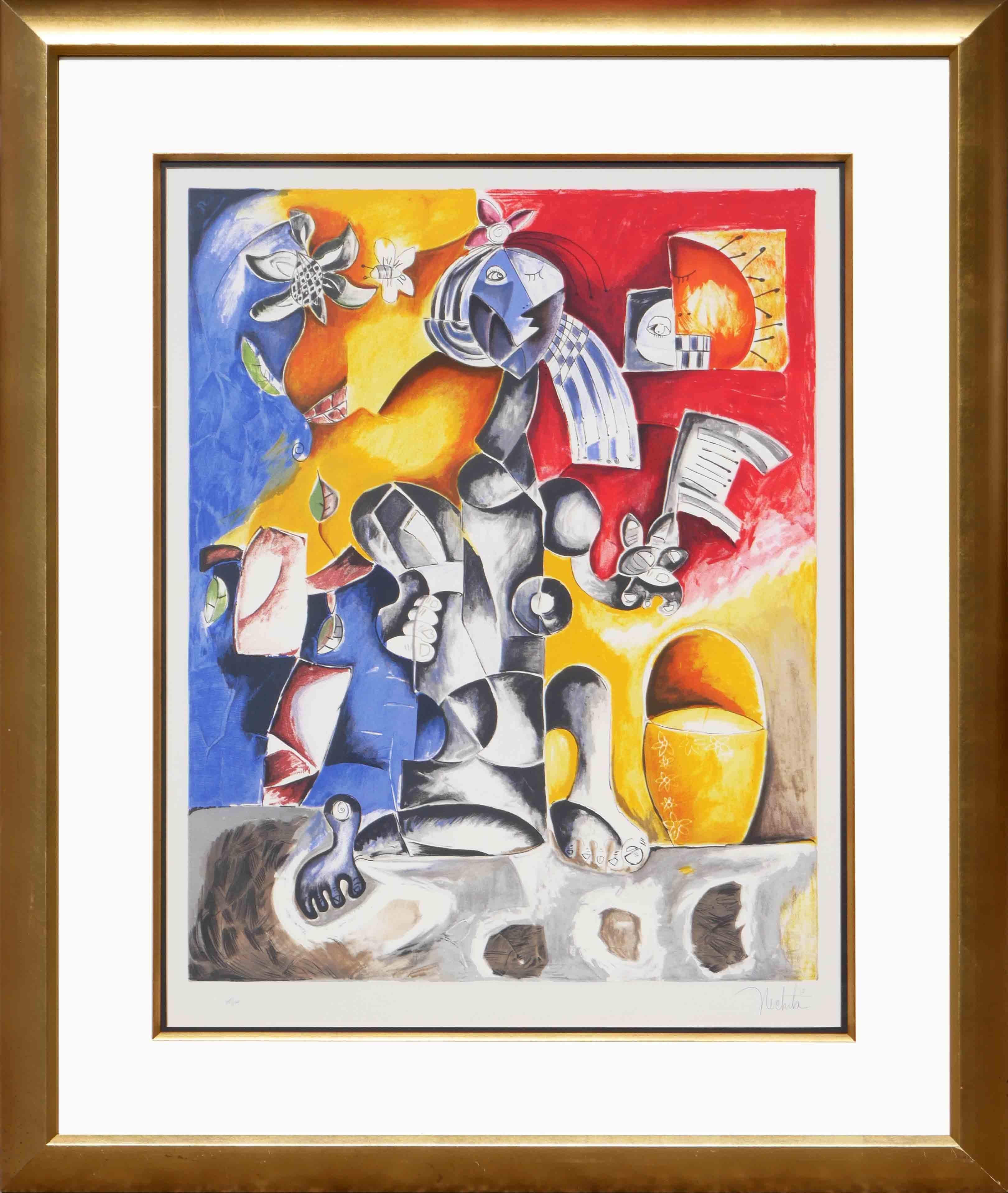 “Buckets of Detangler” Colorful Abstract Figurative Cubist Lithograph Ed 35/199