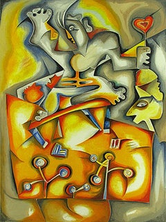  "Faces of Happiness" Lithograph on Paper Signed Contemporary Art Cubism