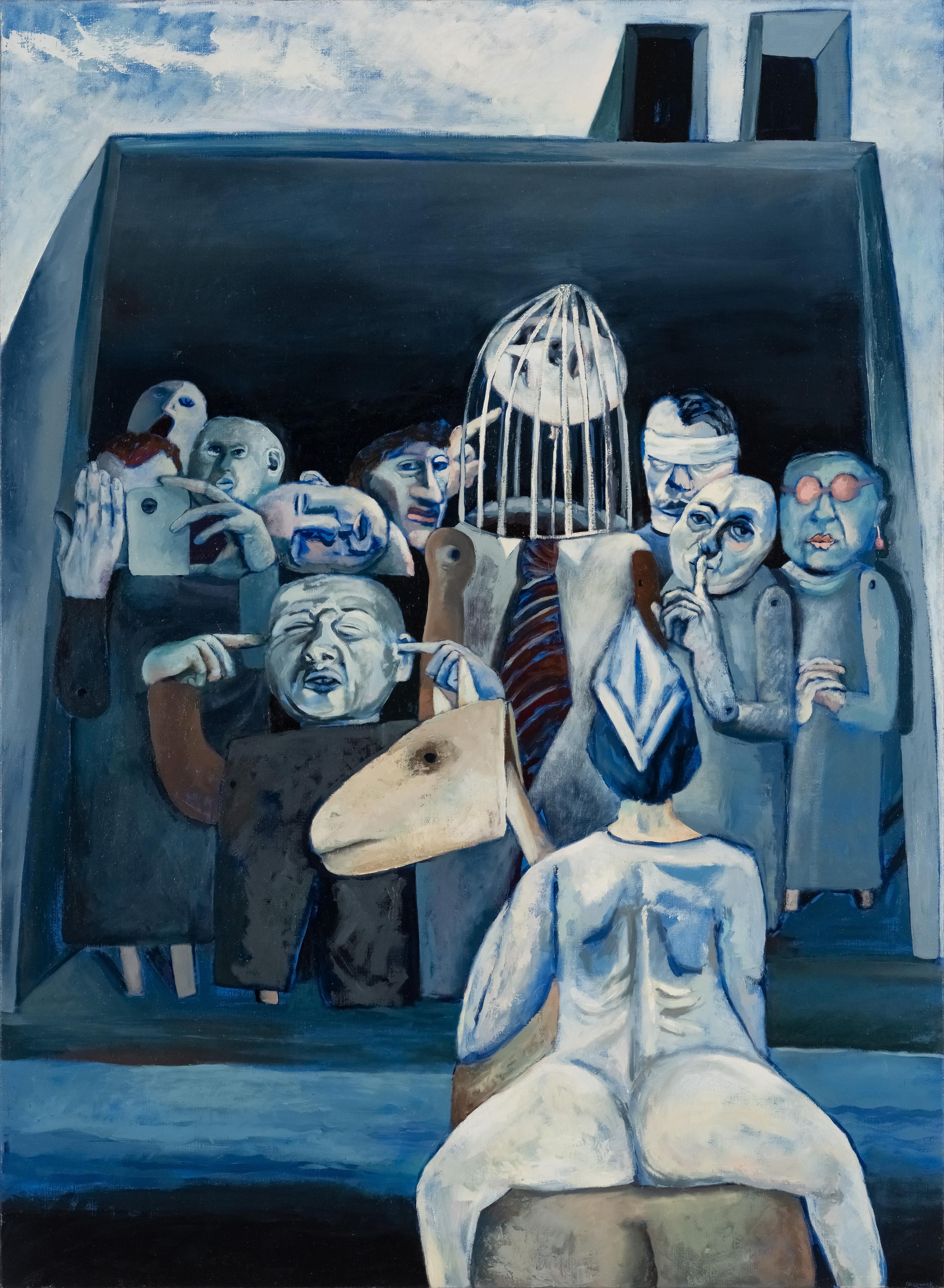 Welcoming Party at the 3rd Entrance. Tribute to George Baldessin. - Painting by Alexandra Obarzanek