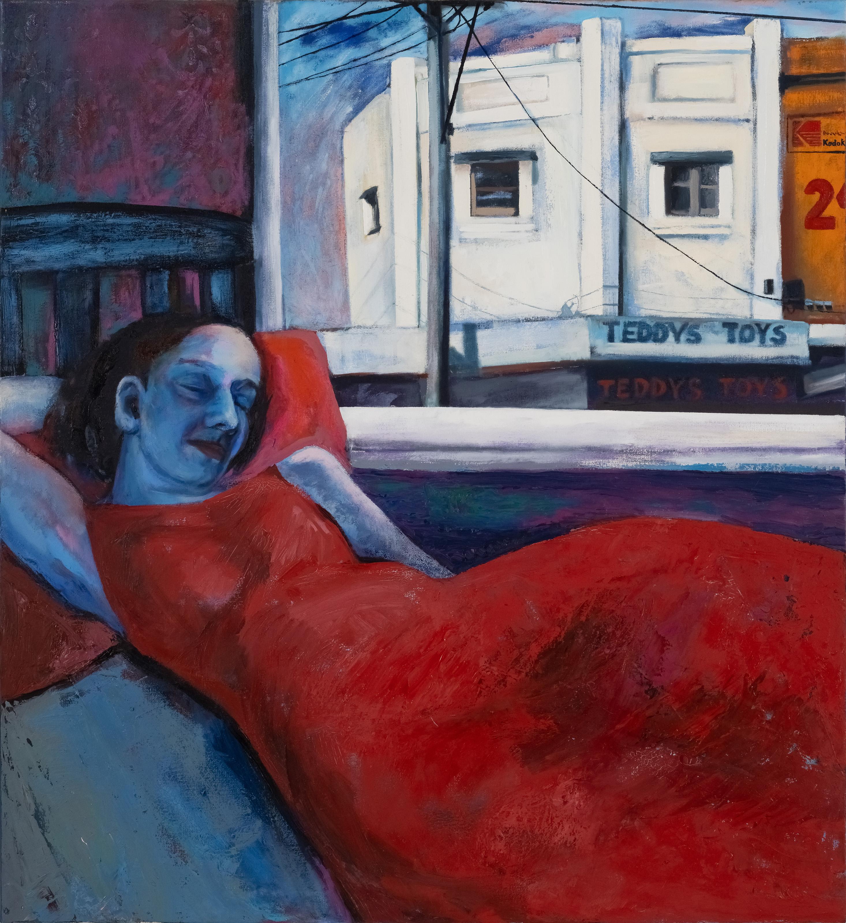 Woman in Red in the Room with the View - Painting by Alexandra Obarzanek