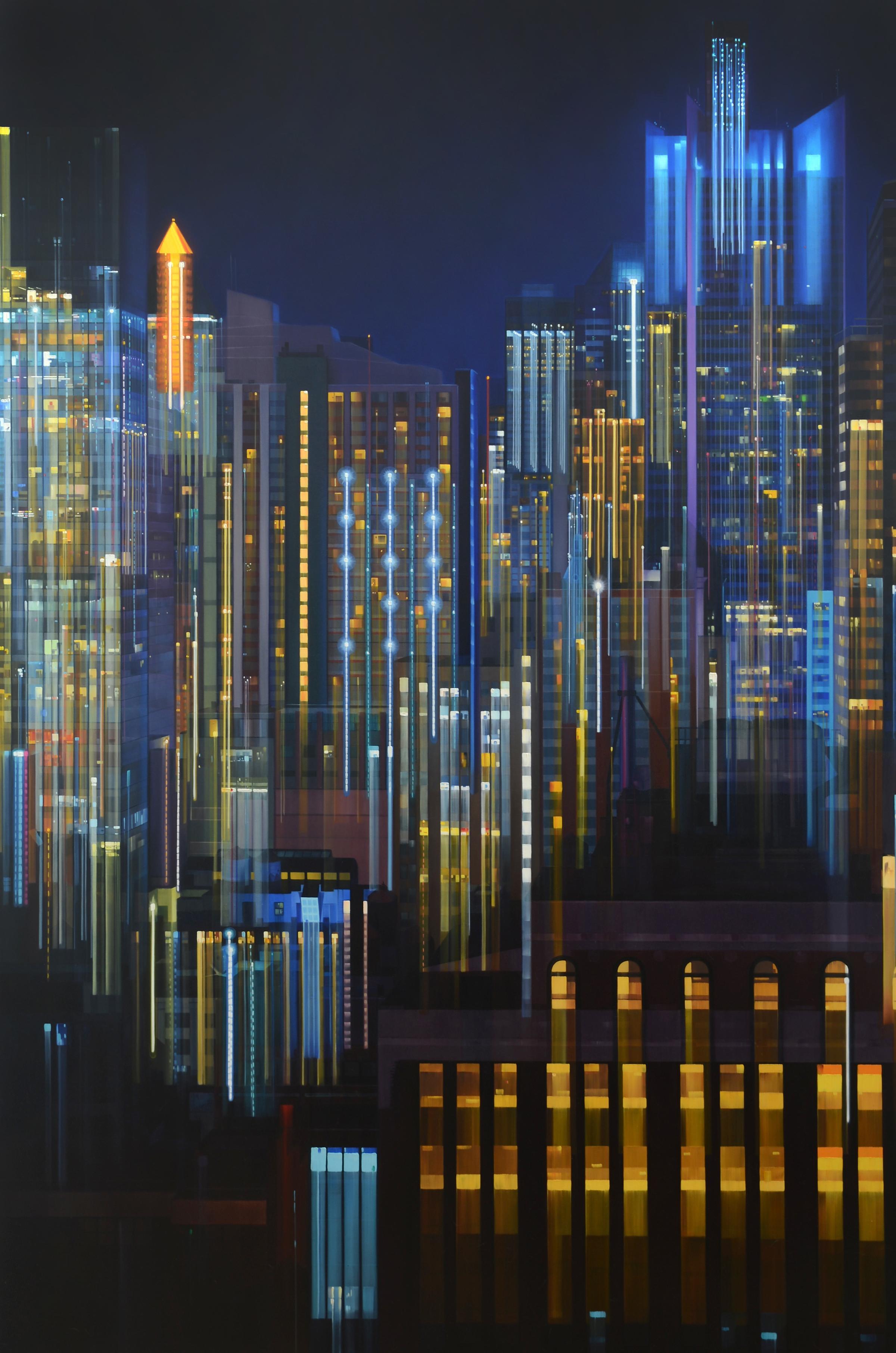 Alexandra Pacula Landscape Painting - ASCENDING GLOW, city at night, cityscape, vibrant colors, NYC