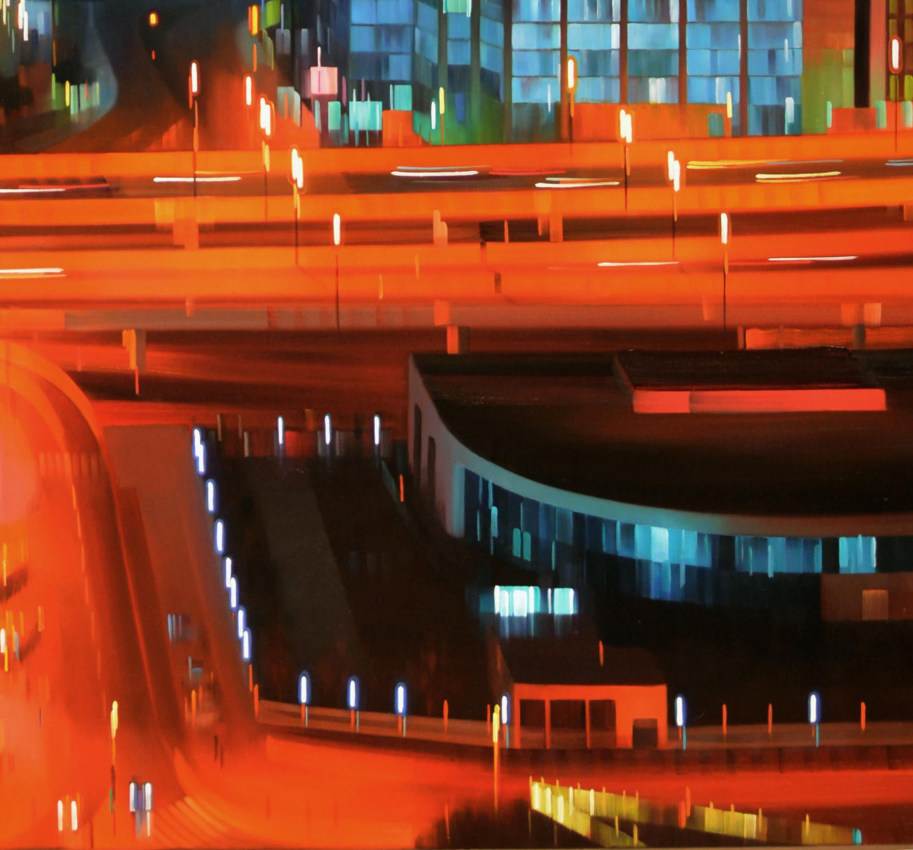 DESERT CITY, city lights, hyper-realist, cityscape, vivid colors, night scene - Contemporary Painting by Alexandra Pacula