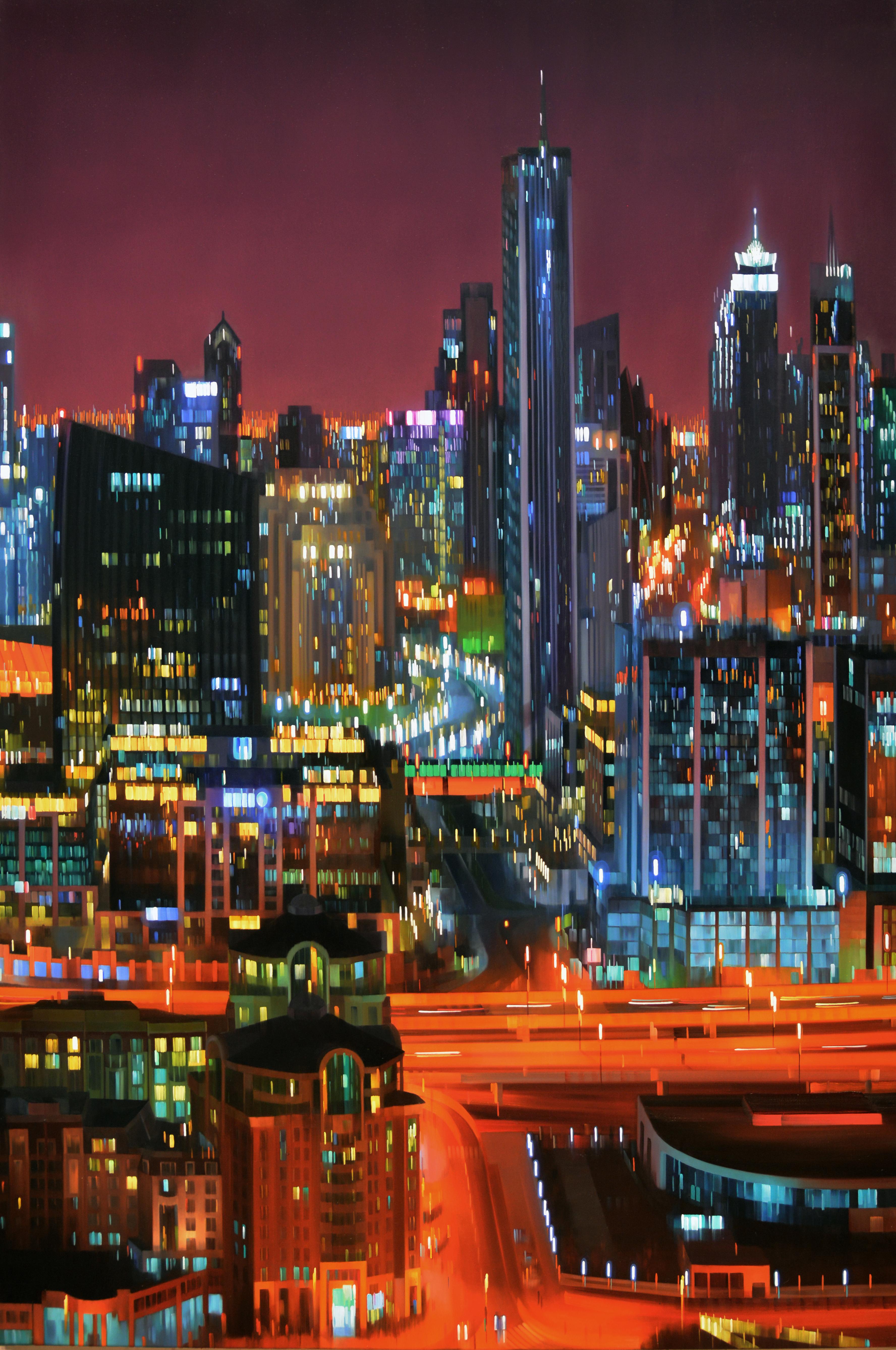 DESERT CITY, city lights, hyper-realist, cityscape, vivid colors, night scene - Painting by Alexandra Pacula