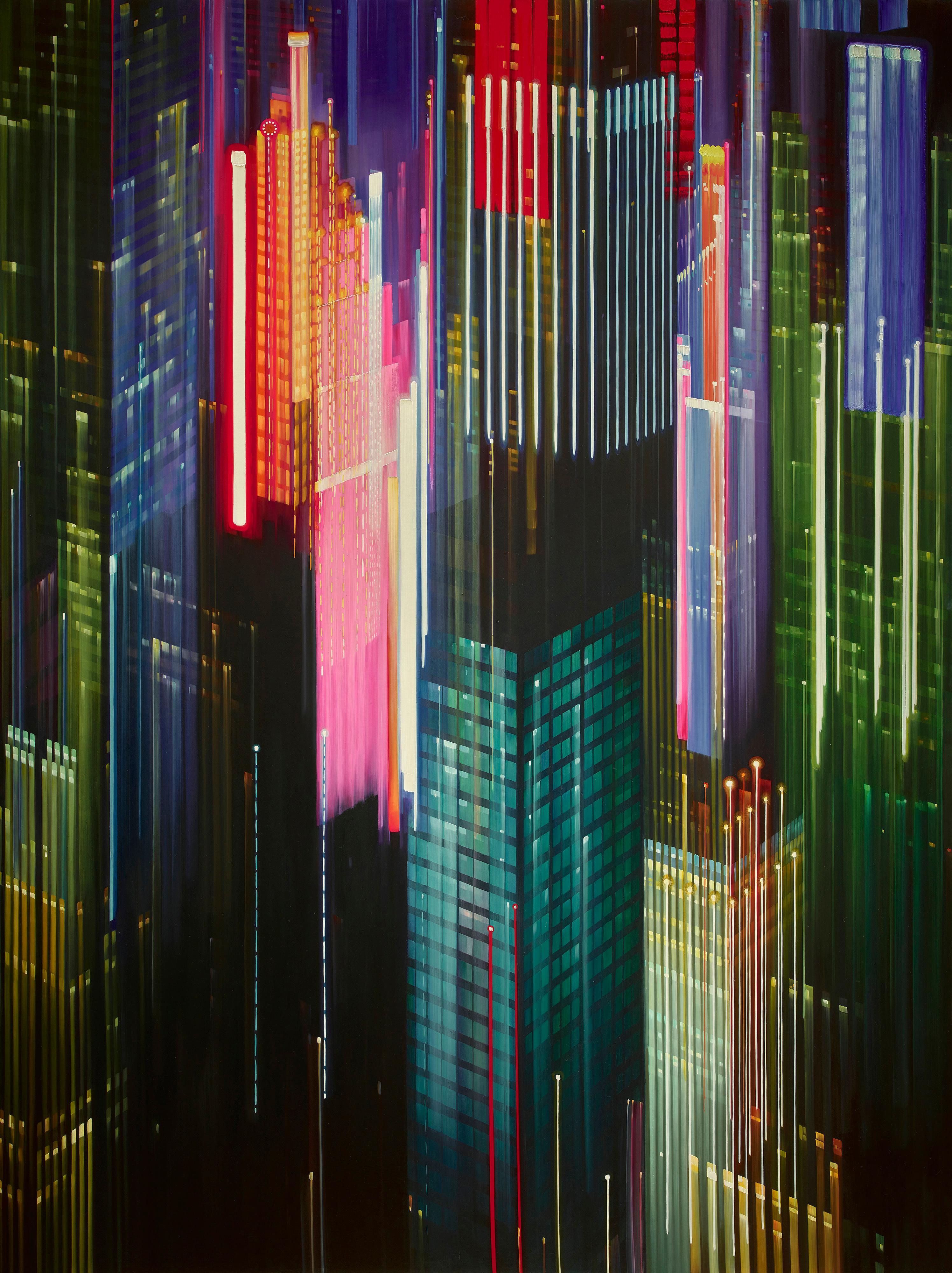 ELECTRIC TRAILS - Contemporary Realism / Cityscape / Lights - Painting by Alexandra Pacula