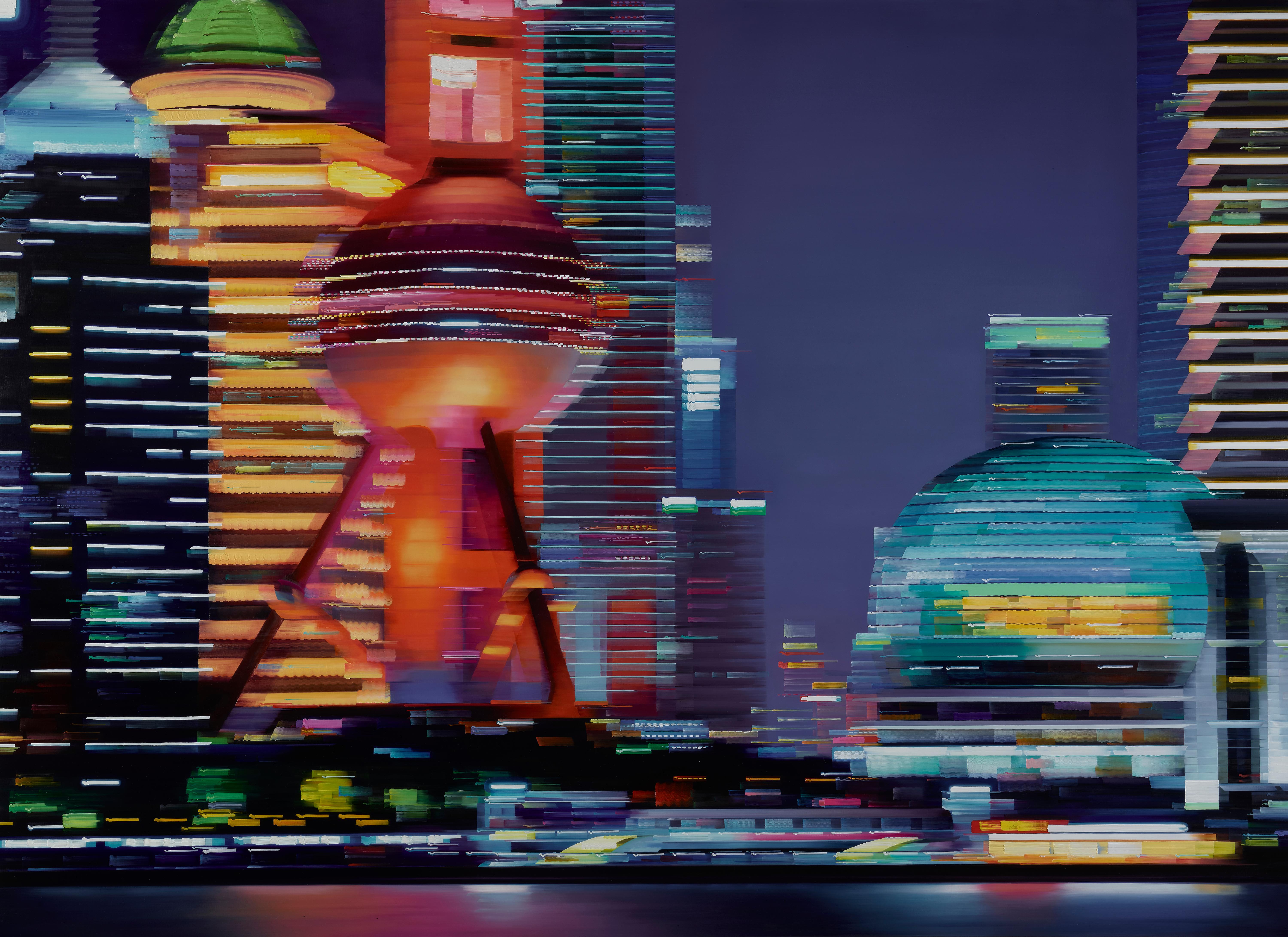 Alexandra Pacula Landscape Painting - ENTRANCING PUDONG, China City Oil Painting, Electric, Neon, Futuristic