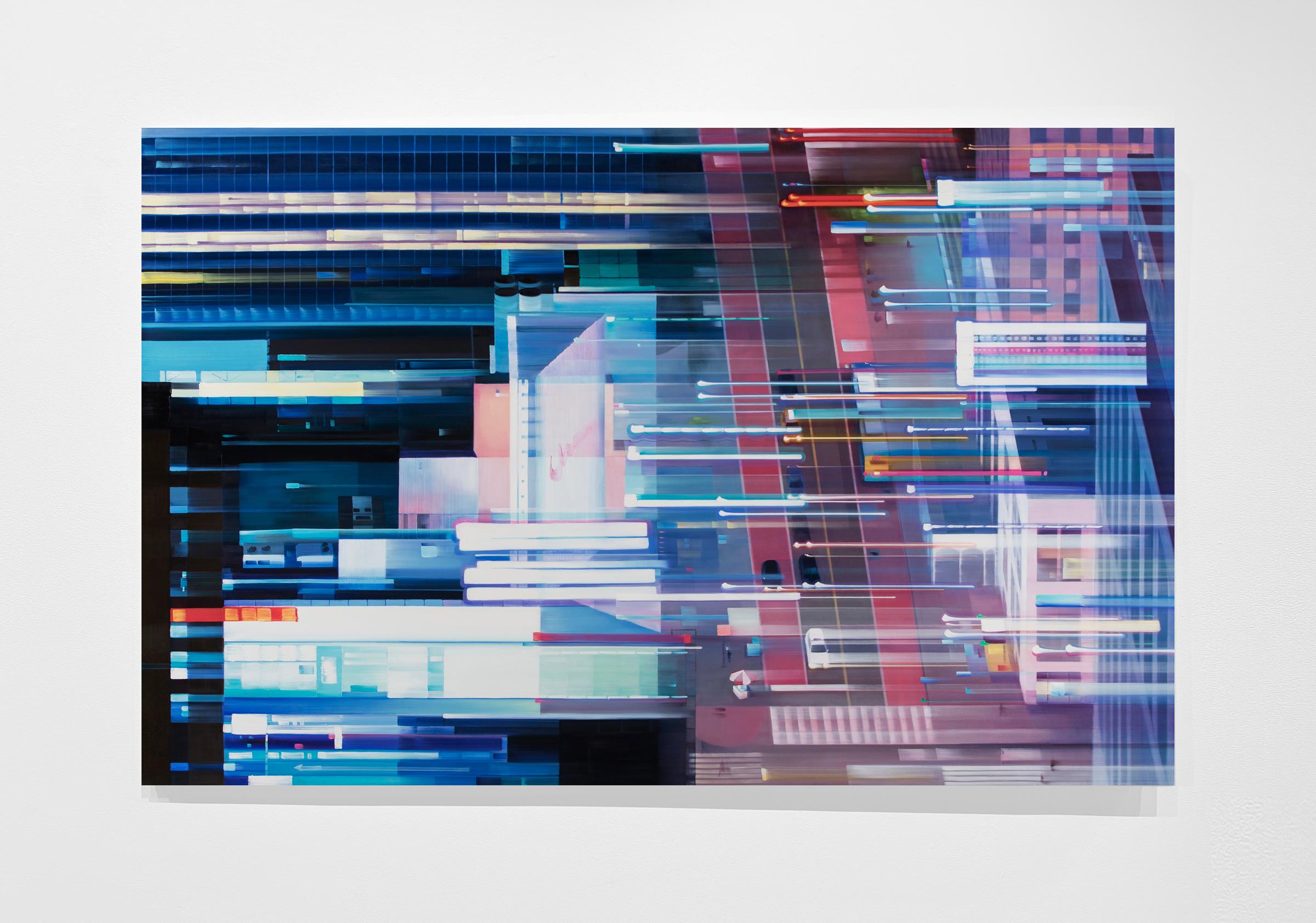 MOVIMIENTO LINEAL I - Noche en NYC / Paisaje urbano / Luces de neón / Perspectiva única - Painting de Alexandra Pacula