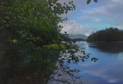 MOUNTAIN LAKE, waterscape, canopy, reflections in water, green, shades of blue