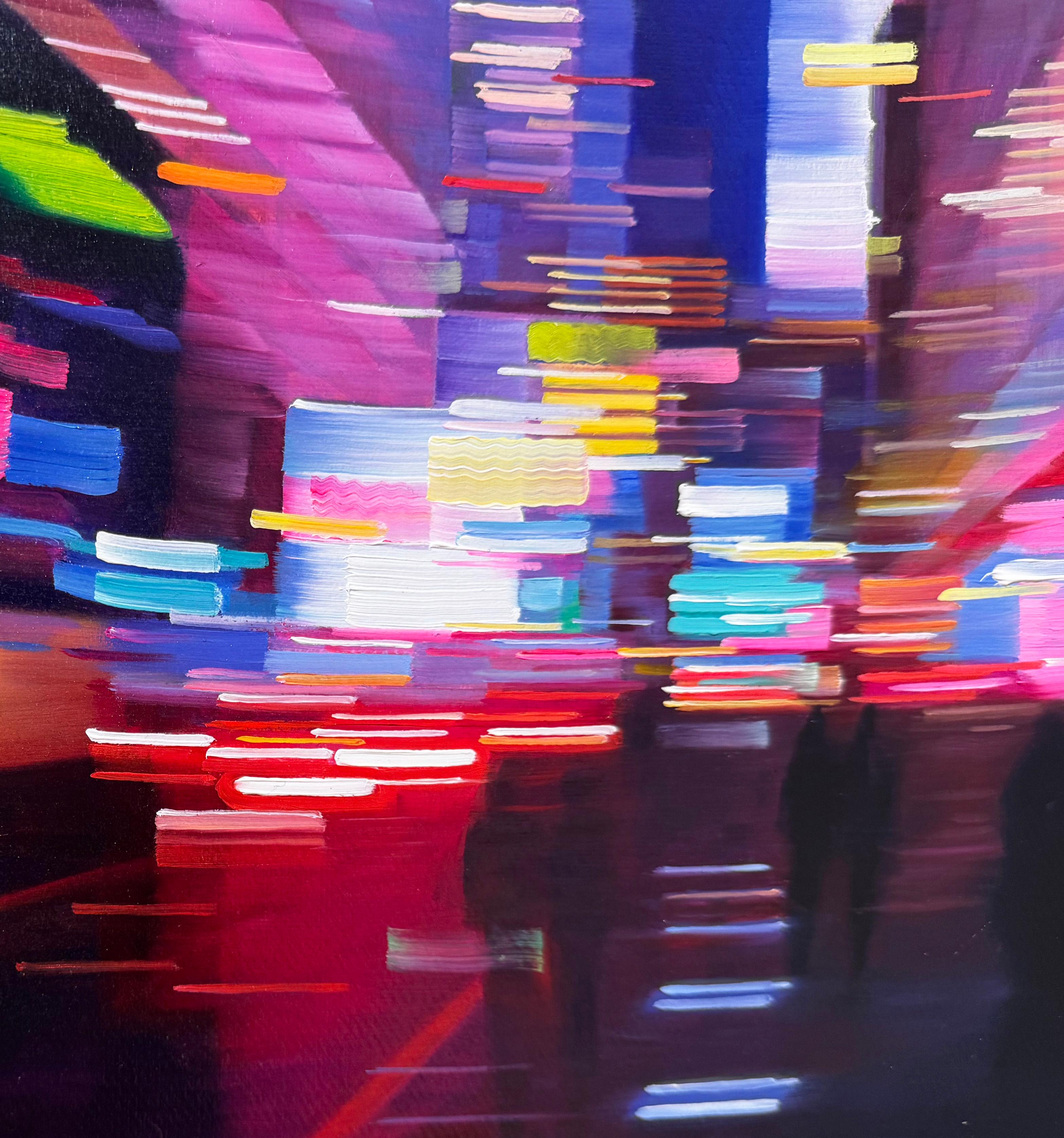 NEON BLOOM - Realism / Cityscape / New York City - Black Landscape Painting by Alexandra Pacula